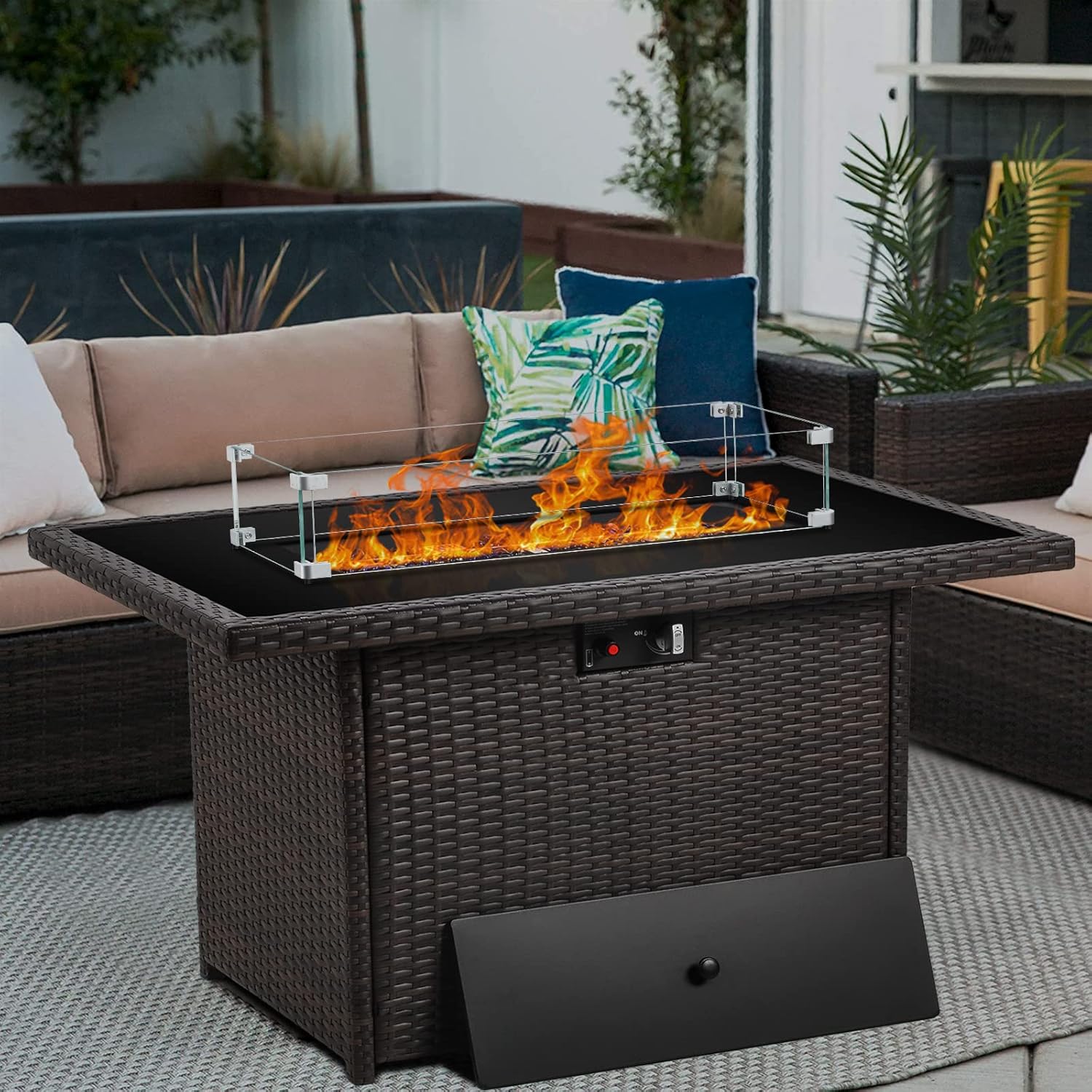 Propane Fire Pit Table,44 Inch 55000 BTU Outdoor Gas Fire Pit Rectangular with Glass Wind Guard for Outside Patio Deck (Brown-Glass Top)