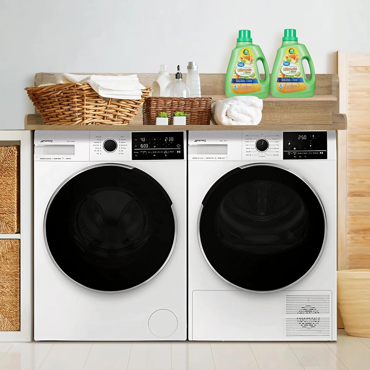 Royxen Laundry Countertop with Storage Universal Fit, Washer and Dryer Countertop with Shelf, Laundry Room Storage, 2-Tier Shelf, White Oak