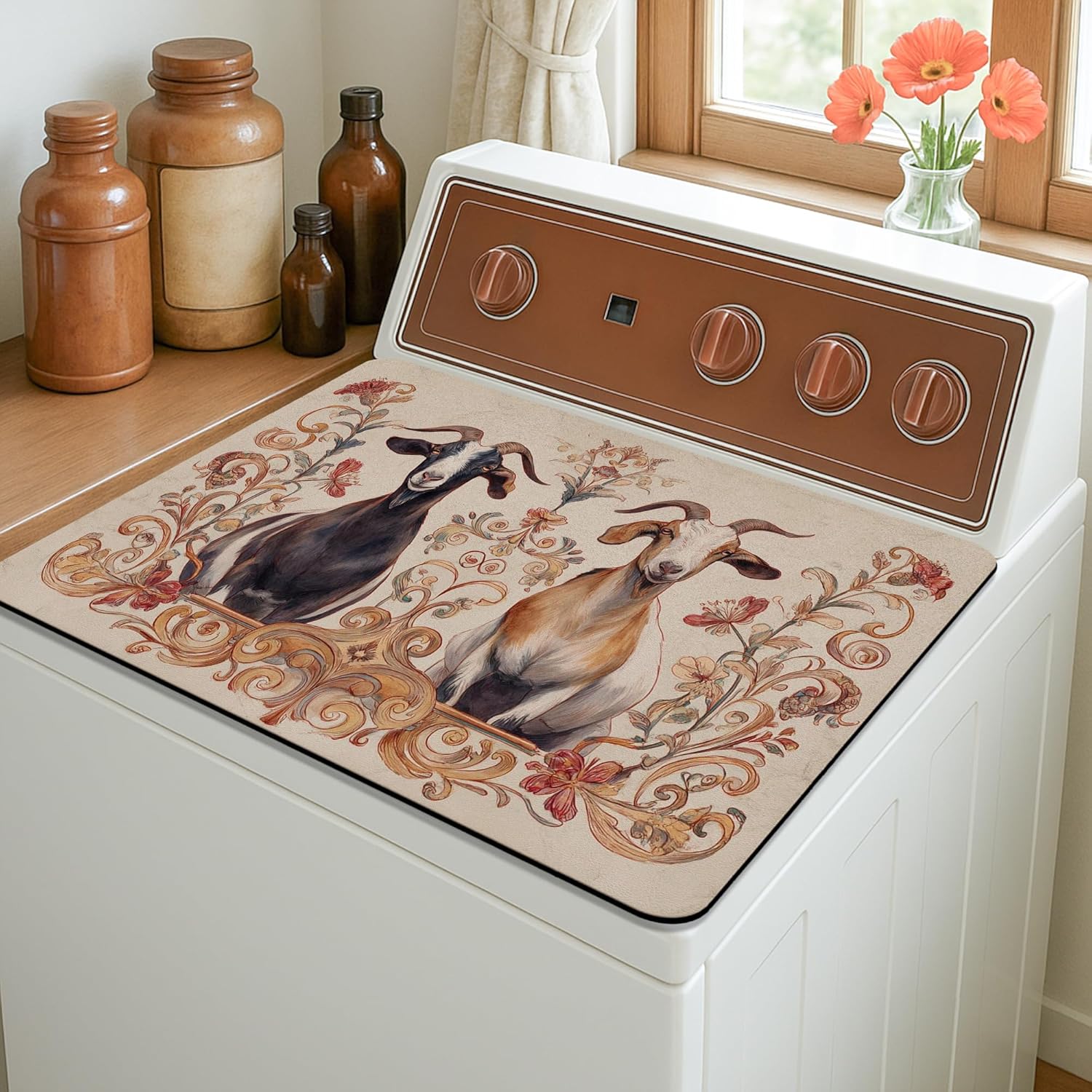 Artistic Washer Dryer Top Protector Mat, Vintage Floral Goat Design Laundry Machine Dust Covers, Rustic Rubber Anti-slip Waterproof Washer And Dryer Mats for Laundry Room 20x24 Inch