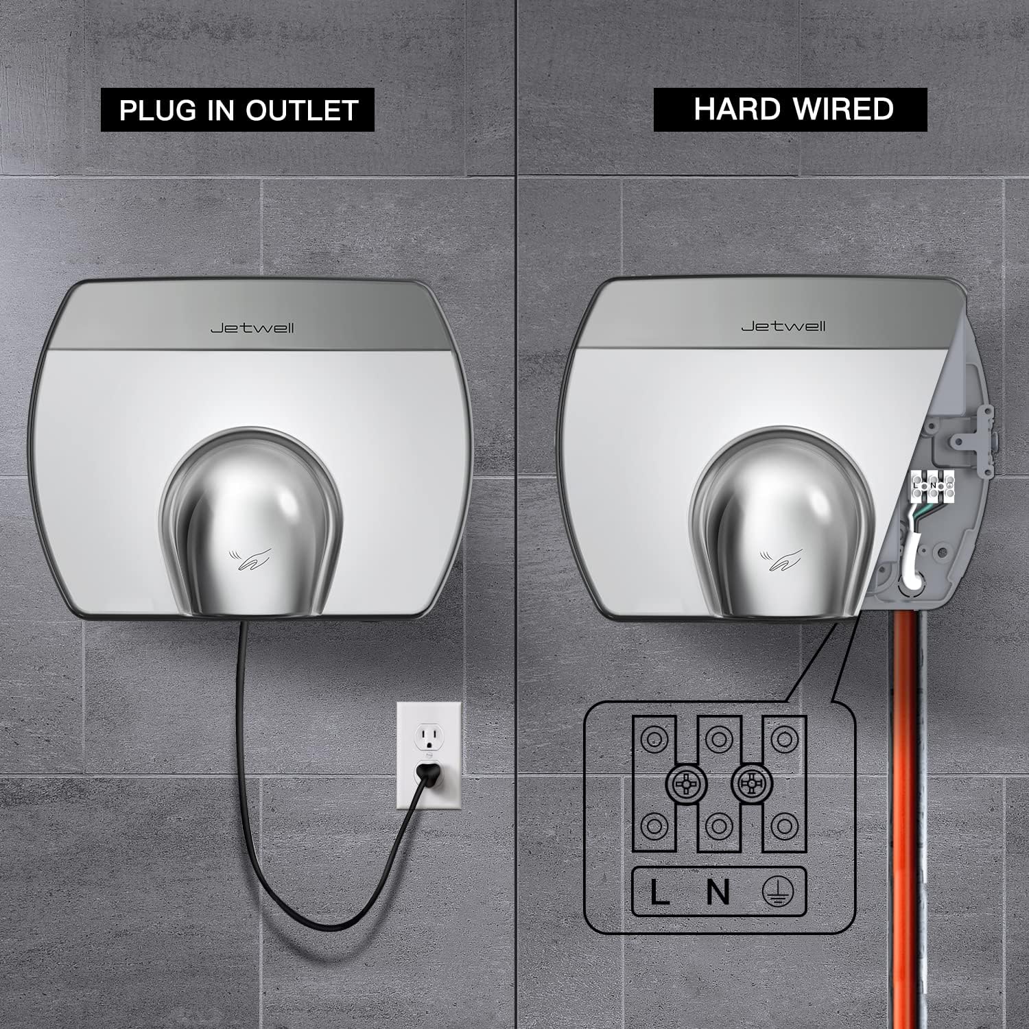 JETWELL Elegant Compact Commercial Hand Dryer, High Speed Automatic Warm Wind, Hardwired Stainless Steel Cover, AC110V-130V JW2830