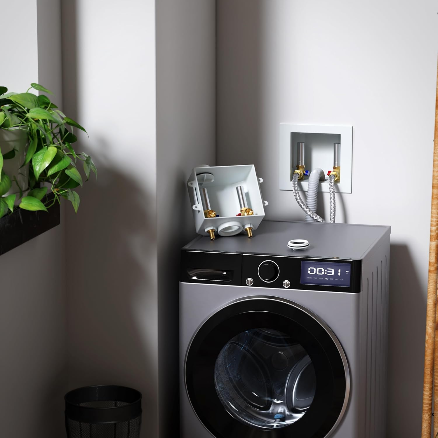 SUNGATOR Washing Machine Laundry Outlet Box, Washer Water Valve Wall Box with Center Drain, 1/2 Inch Pex Crimp Inlet x 3/4 Inch MHT Outlet, with Stainless Steel Water Hammer Arrestor and 4 Crimp Rings