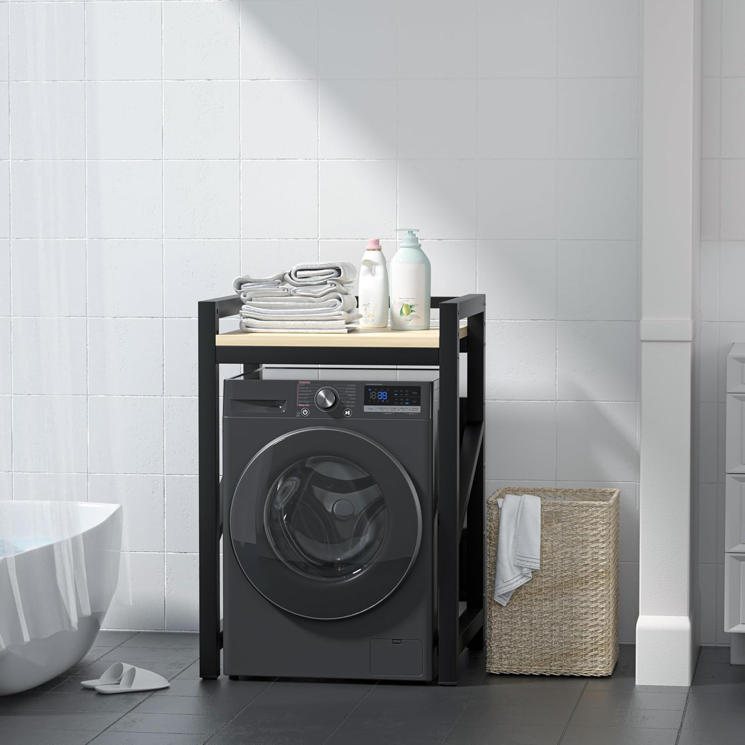 Washer Dryer Stacking Rack Kit 29.5in, Over the Washer and Dryer Storage Shelf for Laundry Room, Bathroom, Heavy Duty, Height Adjustable, 1.2mm Wall Thickness 660lbs Capacity (Black, 29.5in)