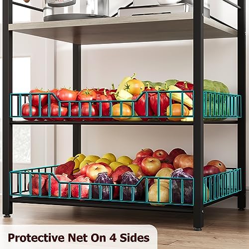 5-Tier Kitchen Bakers Rack, Compact Microwave Oven Stand with 2 Large Storage Baskets & 8 Hooks, Freestanding Coffee Bar Station, Sturdy Metal Frame Organizer for Kitchen Appliances, Black & Gray