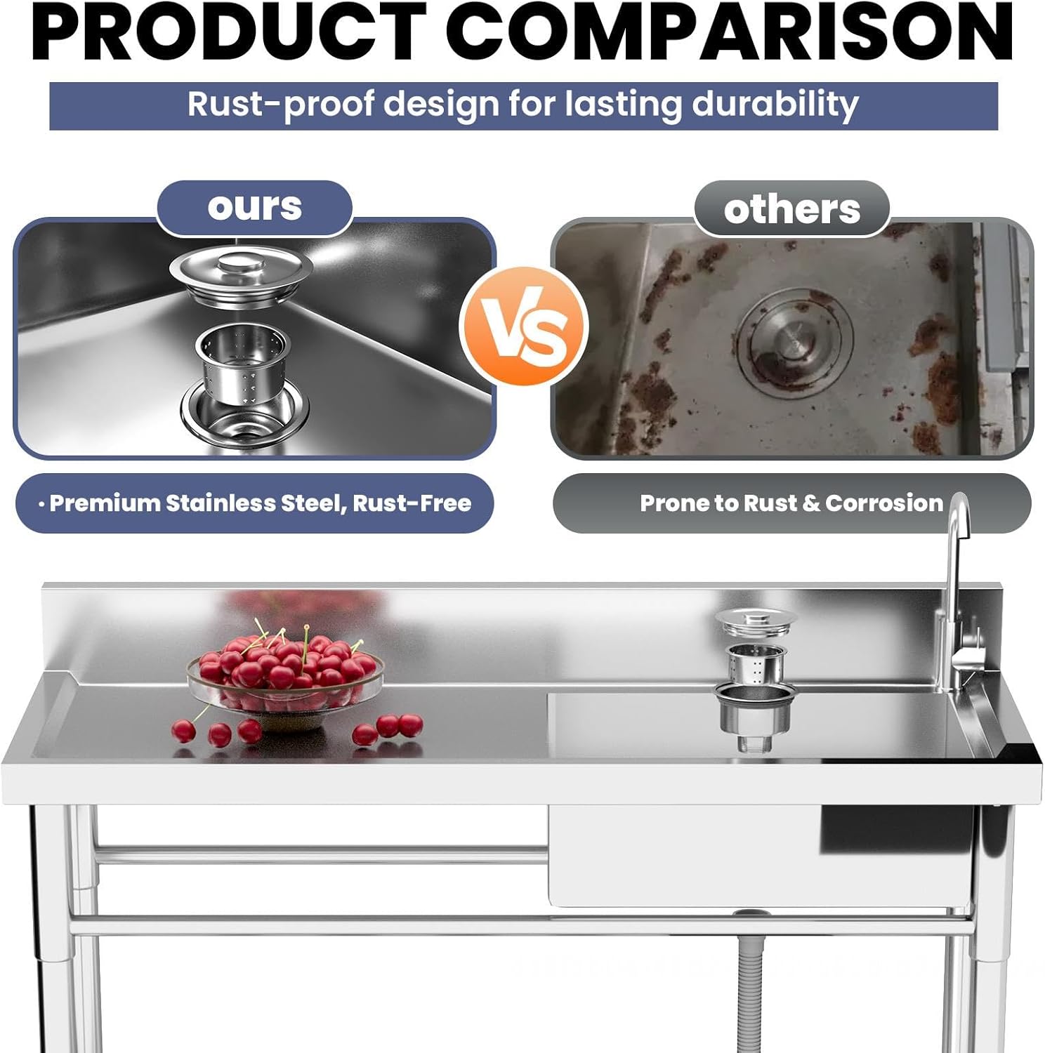 47.2'' Free-Standing Single Bowl Sink, Stainless Steel Kitchen Appliances Sink with Workbench, Cold/Hot Water Pipe for Farmhouse, Laundry & Commercial Use (Single Bowl)