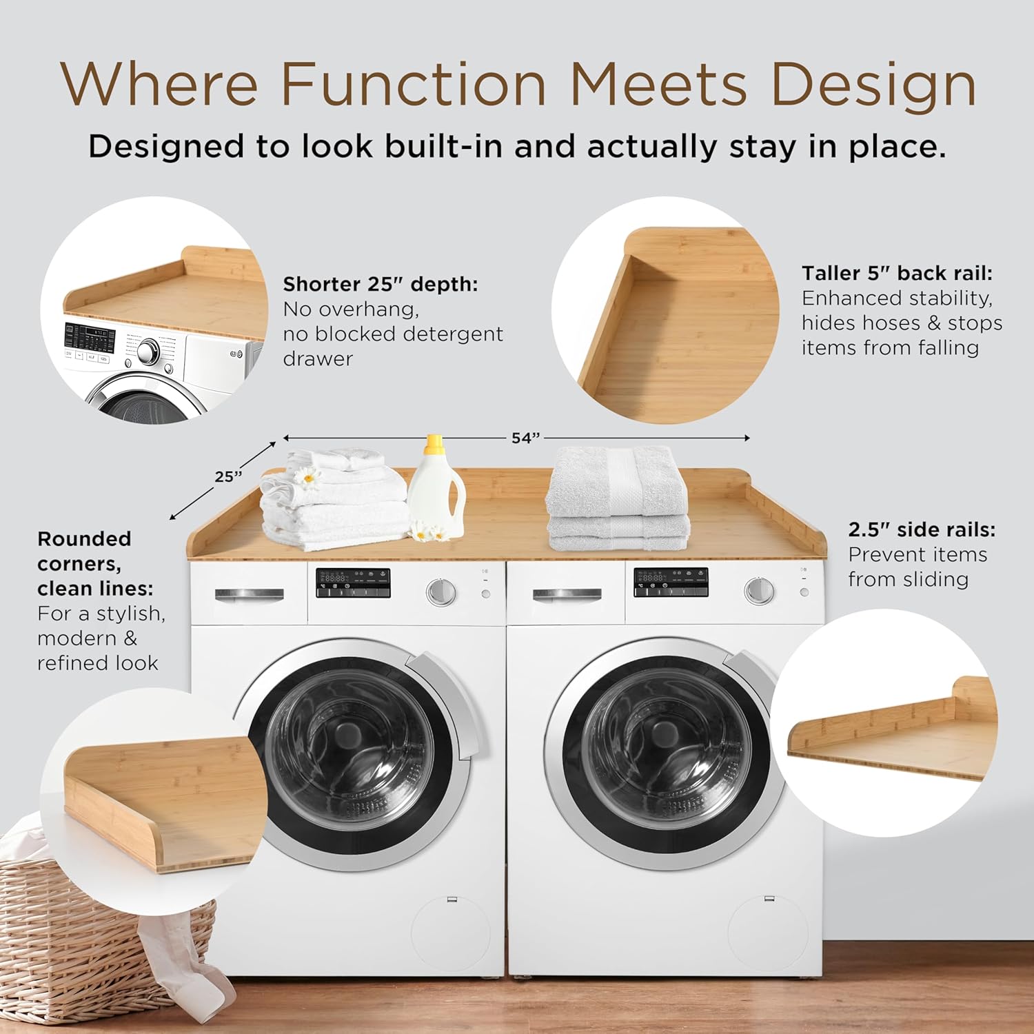 Solid Bamboo Washer Dryer Countertop, Laundry Wood Shelf Topper with Non-Slip Pads, Edge Rails and High Back Rail for Laundry Room Storage & Organization, Washer Dryer Counter Storage, 25