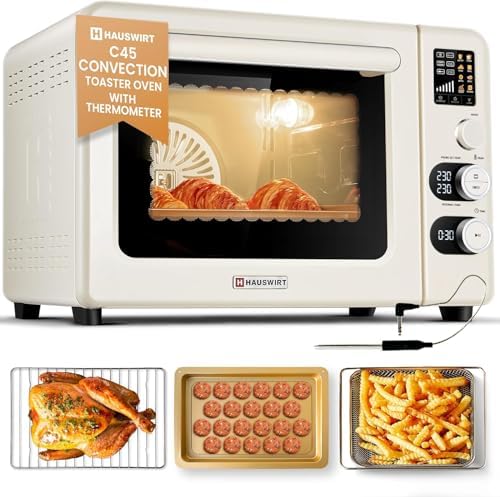 Hauswirt Toaster Oven Air Fryer, XL Large Convection Oven Countertop Rotisserie Chicken 42Qt 3-Tier for 5-8 People, 8 Mode Smart Toaster Stainless Steel 80°F - 500°F Quick & Even Crisp - Ivory