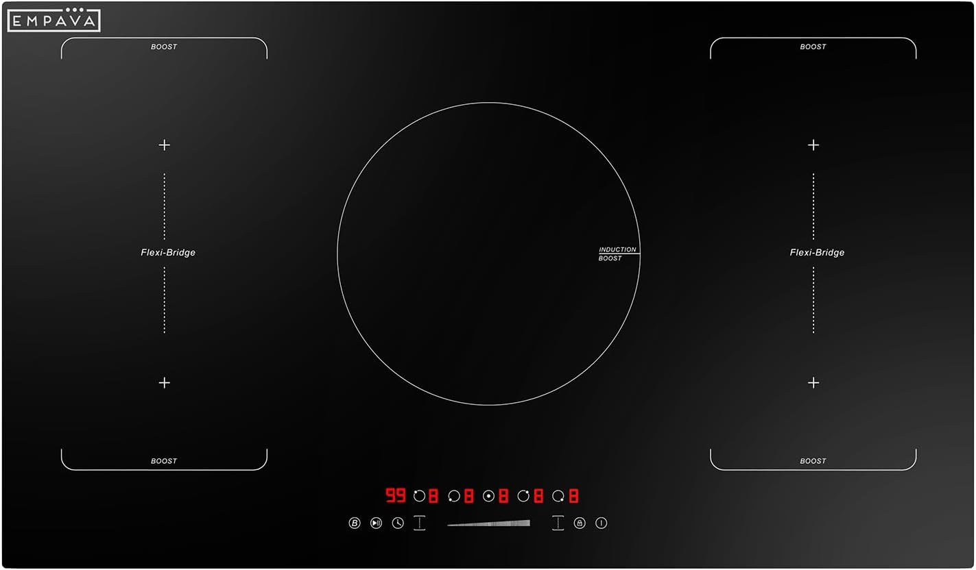 Empava 36 Inch Electric Induction Cooktop Built-In, 5 Zone Smooth Glass Surface, Dual Bridge-Sync, Touch Slider Control, Power Boost, Stop & Go, Timer, Child Lock, Hardwired Kitchen Appliance