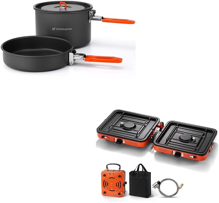 Odoland Bundle - 2 Items Camping Cookware Mess Kit and Portable 2 Burner Camping Stove