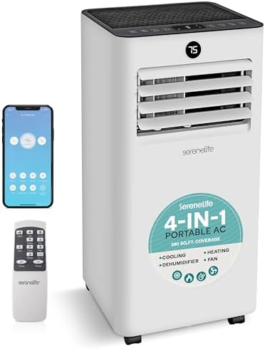 SereneLife 8,000 BTU Portable Air Conditioner and Heater, Small AC with Dehumidifier and Fan, Wifi Function, Mini AC Unit with 350 Sq. Ft. Coverage, Includes Remote Control and Window Mount Kit