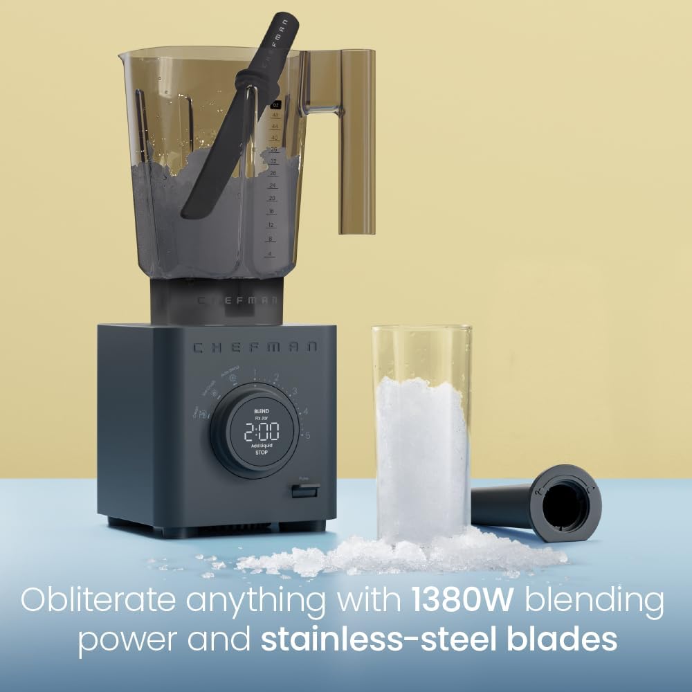 Chefman Obliterator 48 oz Countertop Blender for Smoothies, 1380W Motor to Crush Ice,Nuts & Frozen Fruit with Stainless Steel Blade Auto Blend Function, Includes Tamper & Scraper-MIDNIGHT(Pack of 1)