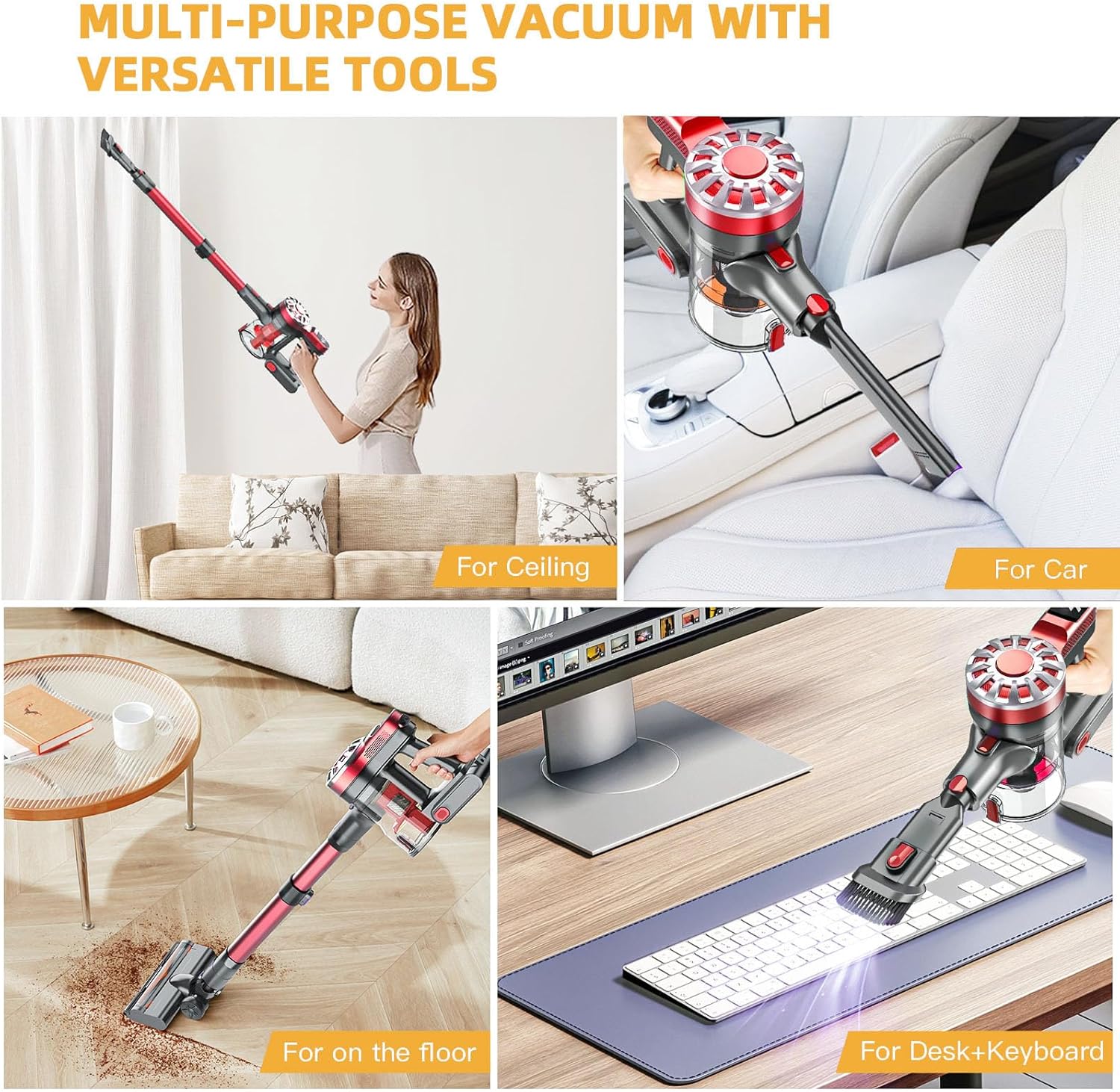 Cordless Vacuum Cleaner for Home, Lightweight Stick Vacuum Cordless Rechargeable with Power Suction, Up to 35 Mins Runtime, Hardwood Floor Vacuum for Pet Hair, Carpets, Tile(Deep Red)