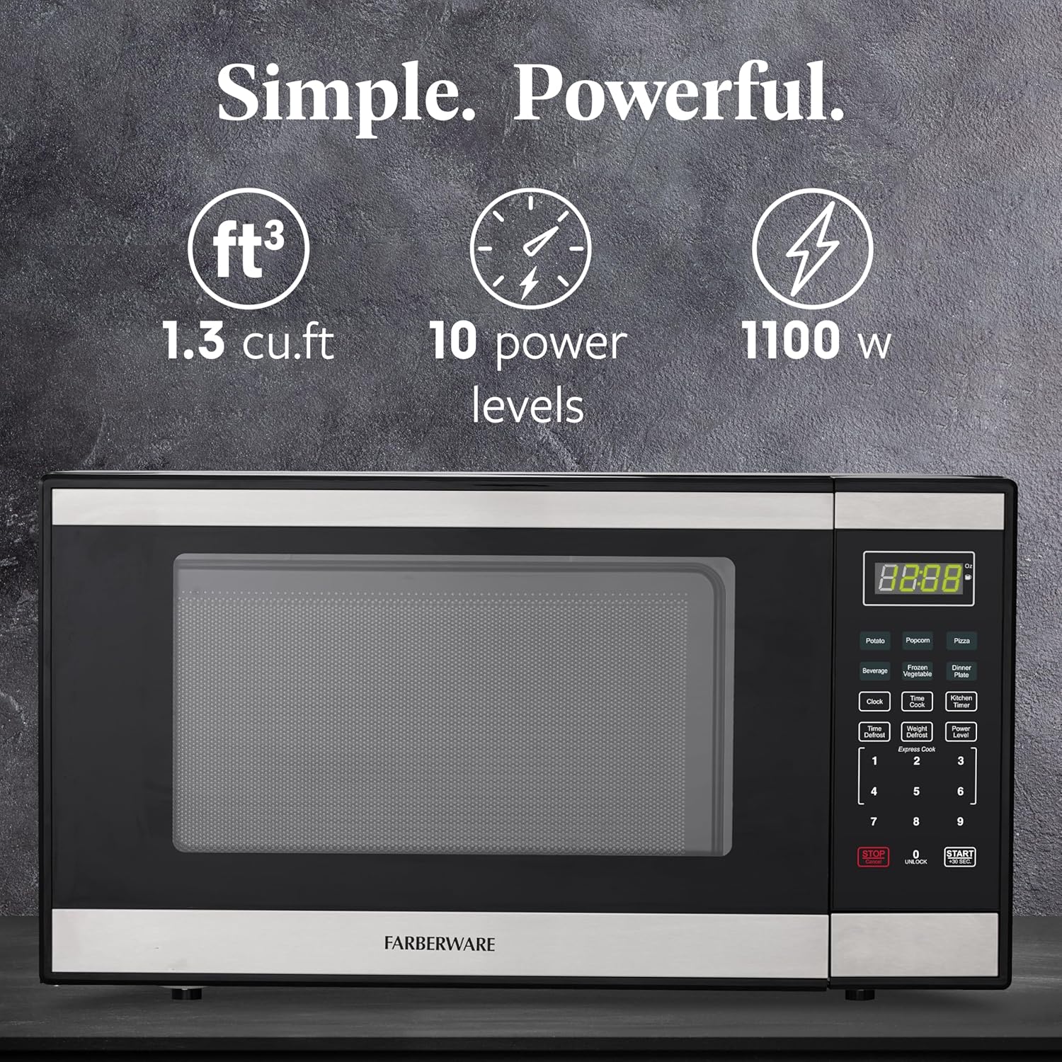 Farberware 1.3 Cu. Ft. Countertop Microwave Oven – 1000 Watts Power, Auto Cook Settings, Defrost, Easy Clean and Child Safety Lock - Stainless