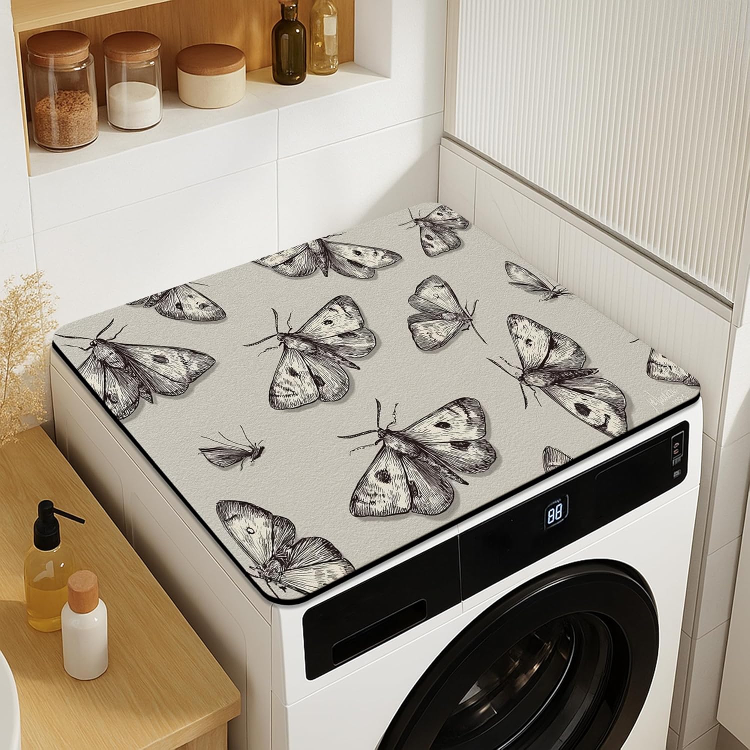 Moth Pattern Washer Dryer Top Protector Mat, Vintage Botanical Laundry Machine Dust Cover, Elegant Rubber Anti-slip Waterproof Washer And Dryer Mats for Laundry Room 20x24 Inch