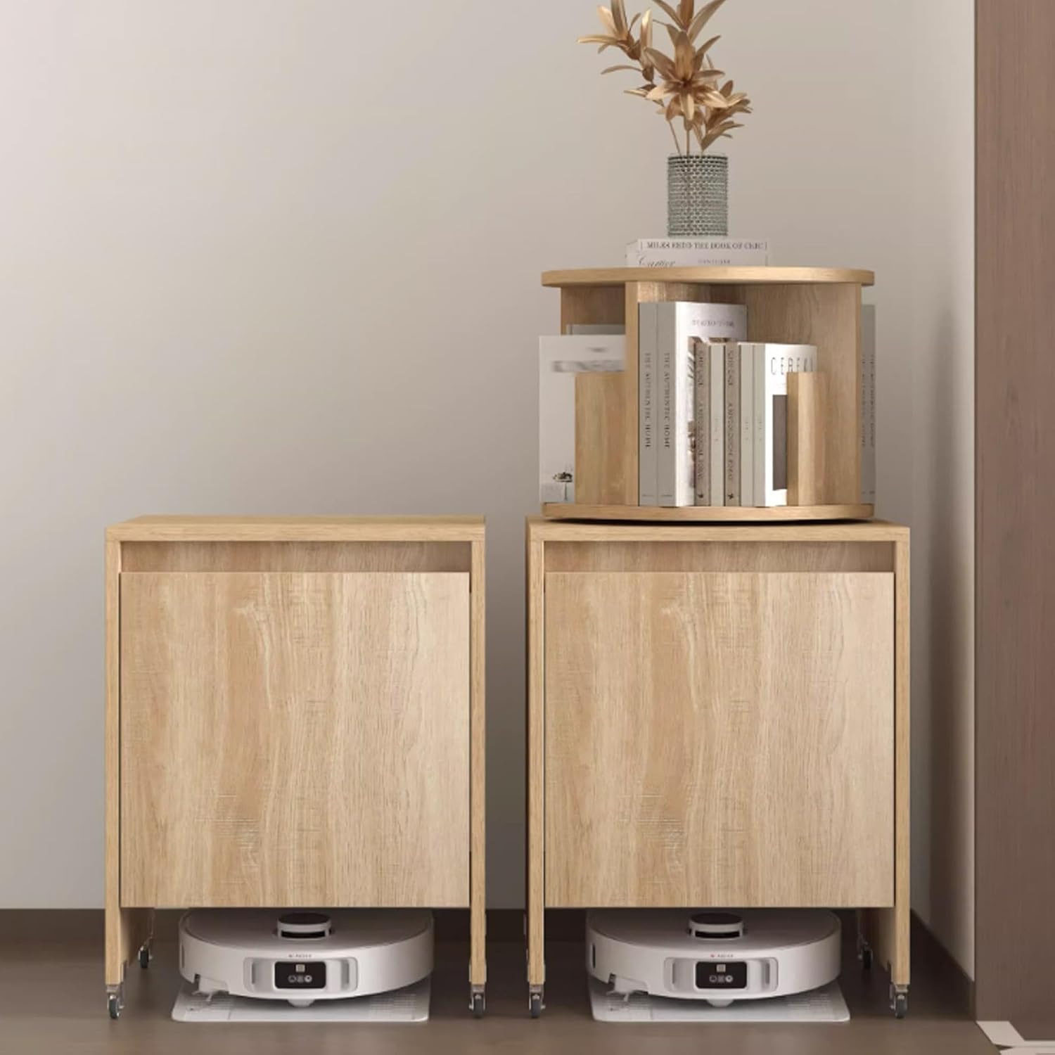 Robot Vacuum Stand Cabinet, Vacuum Hidden Cabinet for Sweeping, Vacuums Hidden Cabinets for Sweeping, Movable Storage Rack, Multi-Function Rotating Bookshelf(Natural,19.6x19.6x25.5'')