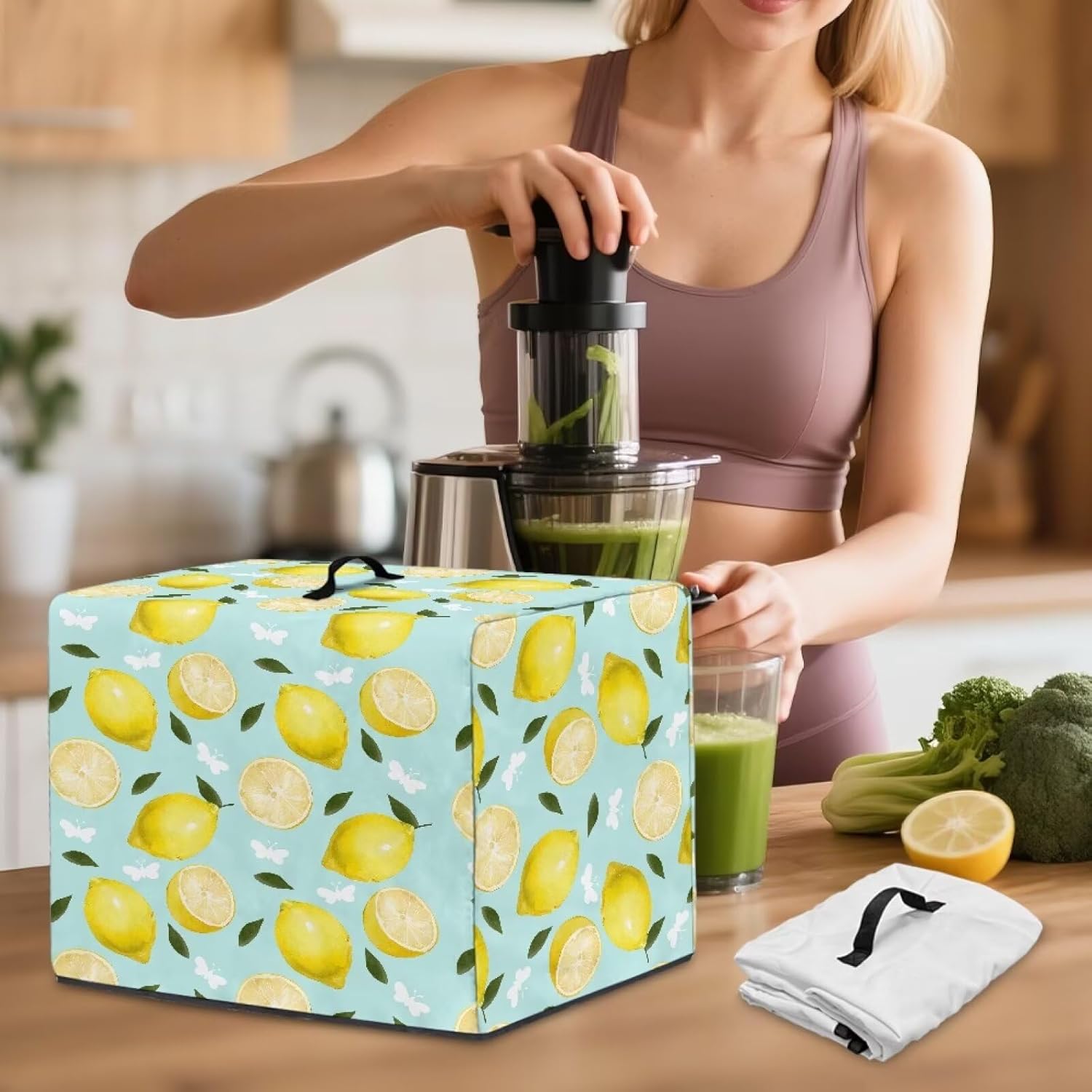 Blender Dust Cover for Kitchen Lemons Stylish Juicer Cover with Floral Prints, Fits Most Blenders & Stand Mixers, Easy to Clean & Foldable, Home Decor