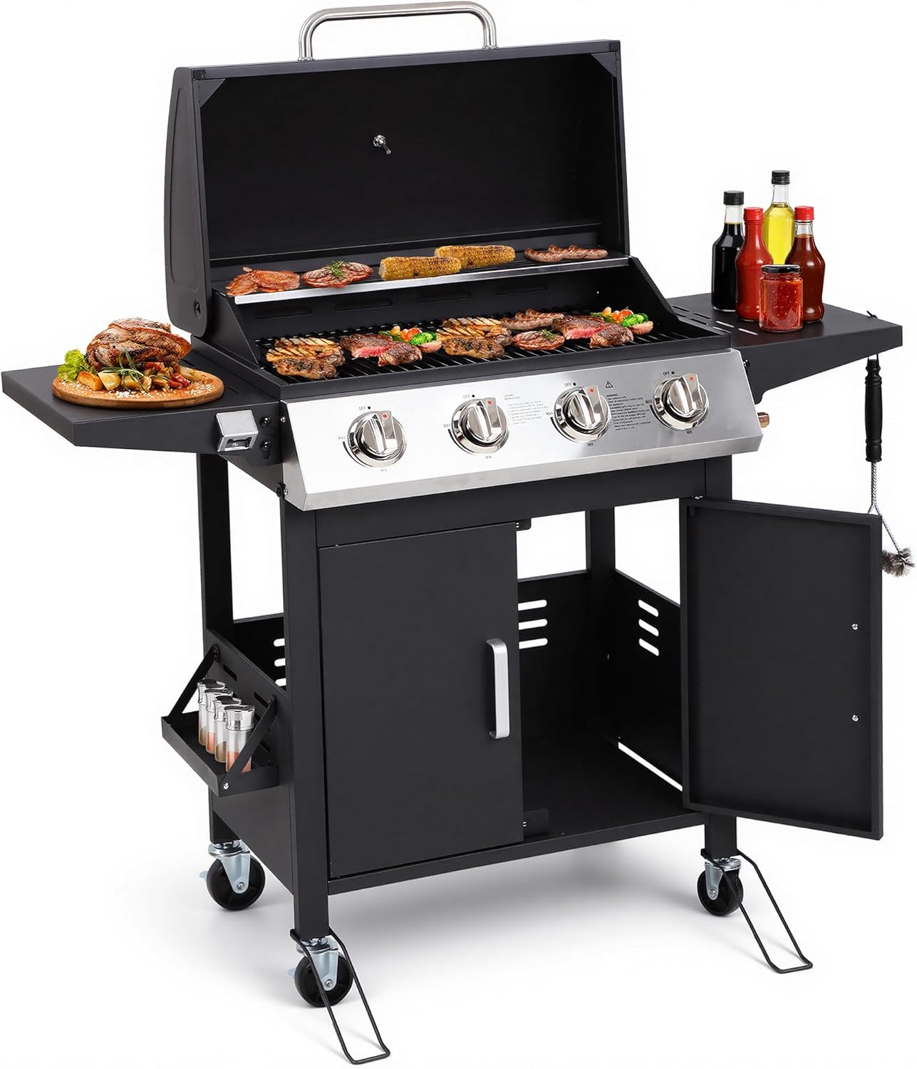 HUGROVE 4-Burner Propane Gas BBQ Grill, Upgraded 40,000 BTU Stainless Steel Barbecue Grill with Foldable Side Tables, Spice Rack & Wheels for Outdoor Cooking