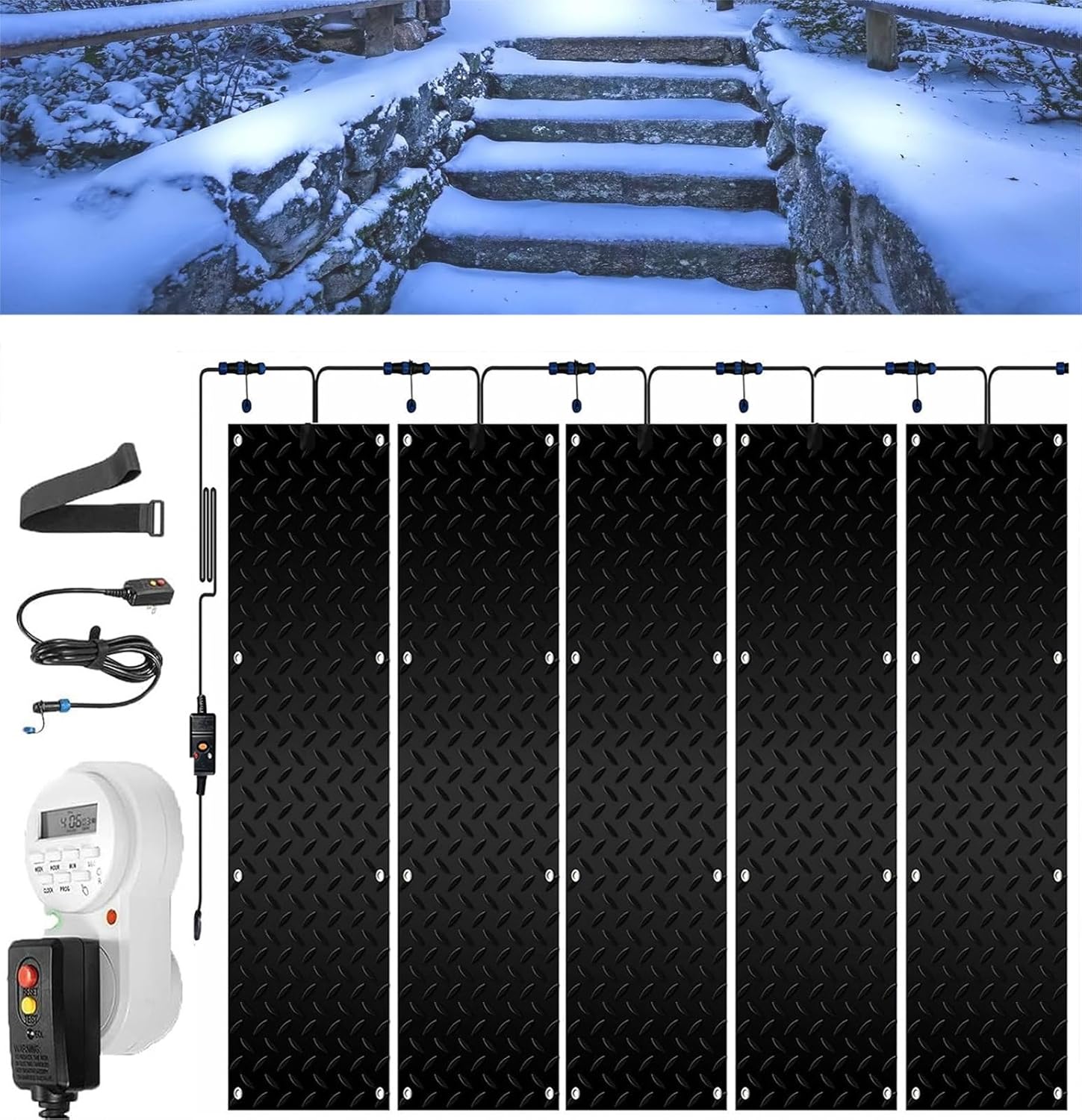 Heated Snow Melting Mats for Entrances with Timer, 1/2/3/4/5 Pcs Outdoor Stairs- Non-Slip Non Slip Rubber Heated Mat, Winter Removal and Ice Melt Products -Heating Entrance(5 Pcs,12x48in/(30x1