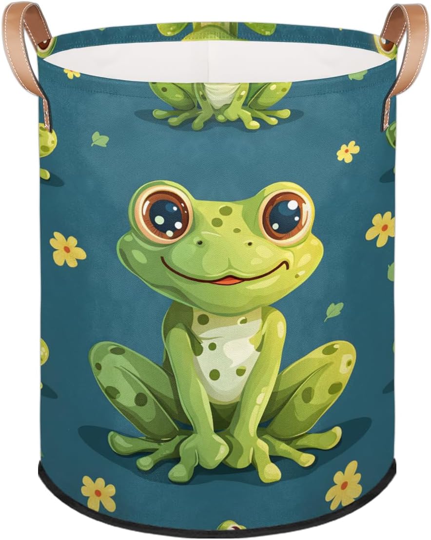 Daisy Frog Laundry Basket Collapsible Waterproof Storage Bin Organizer with Handles Round Dirty Clothes Nursery Hamper for Living Room Bedroom Bathroom Toys Box