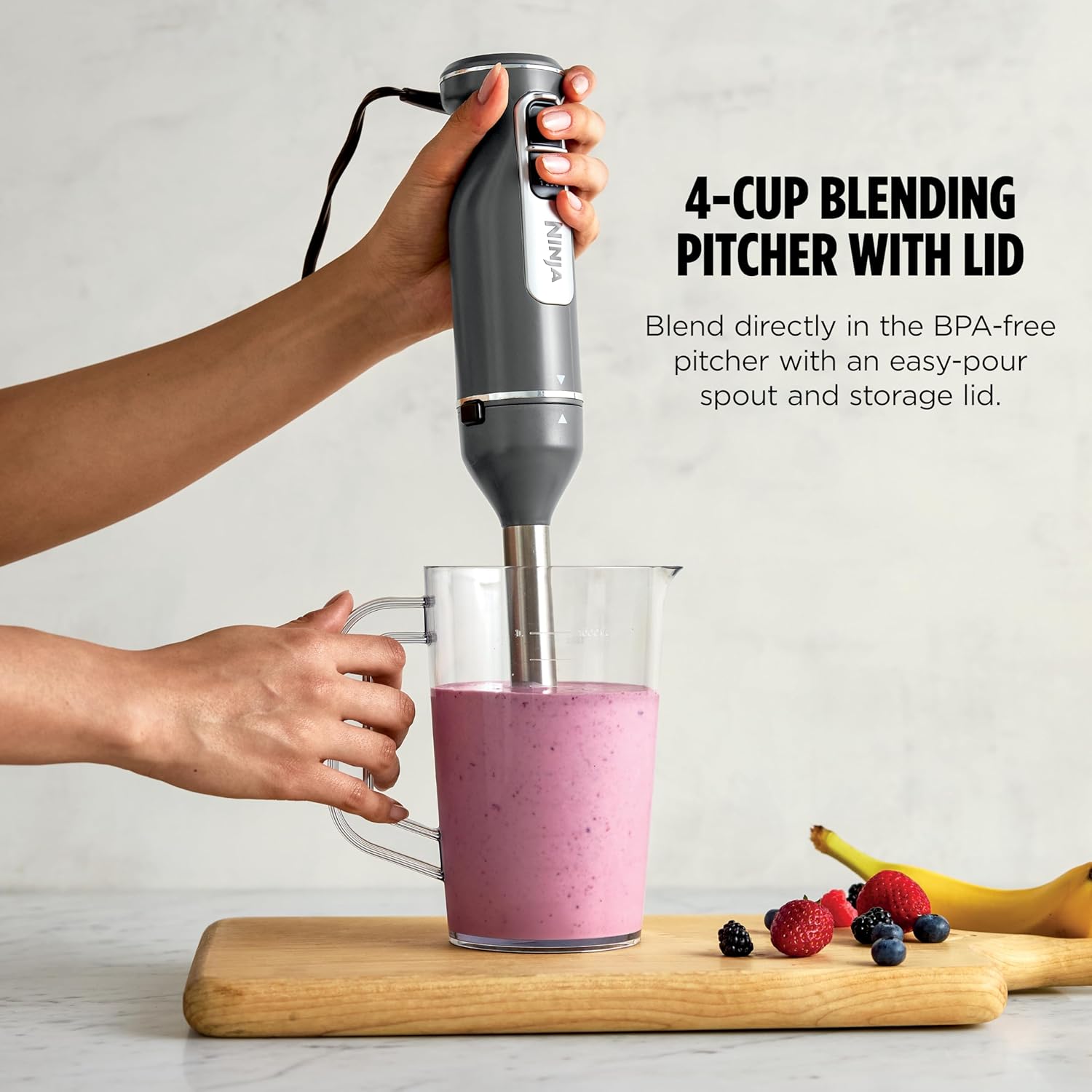 Ninja Immersion Blender and Whisk, Hand Stick Blender, 4 speeds, with SplatterShield and PanProtect, 4-Cup Blending Vessel, Dishwasher Safe, 5-ft Cord, Ergonomic, Dark Gray, CI201GY