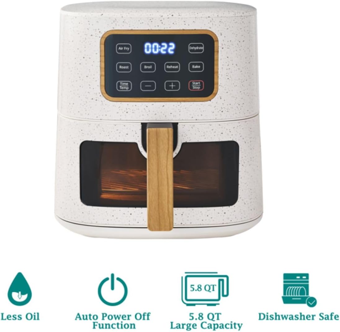 Pioneer Woman 5.8 Qt Digital Air Fryer, Touchscreen with Window, Nonstick Basket, 1500W, 6 Smart Cooking Functions, Energy Efficient (Linen Speckle)