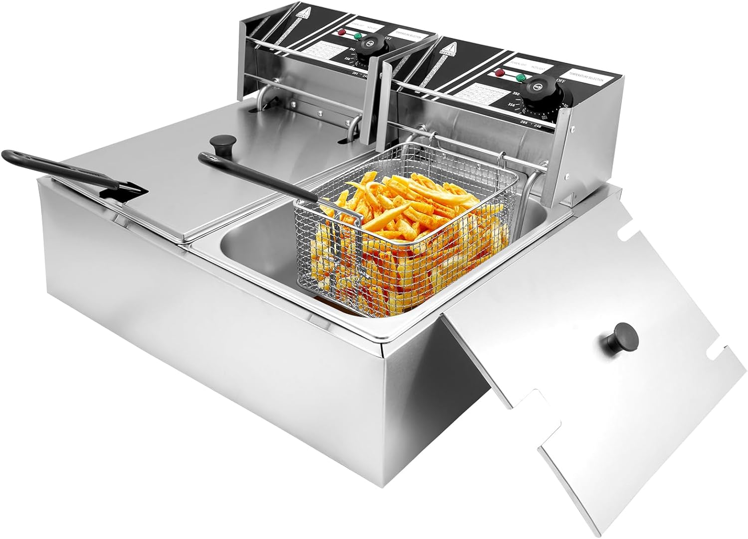 Commercial Electric Deep Fryer w/Baskets & Lids 12.7QT/12L, Stainless Steel Commercial Fryer, Countertop Kitchen Frying Machine w/Temperature Control, French Fries Donuts