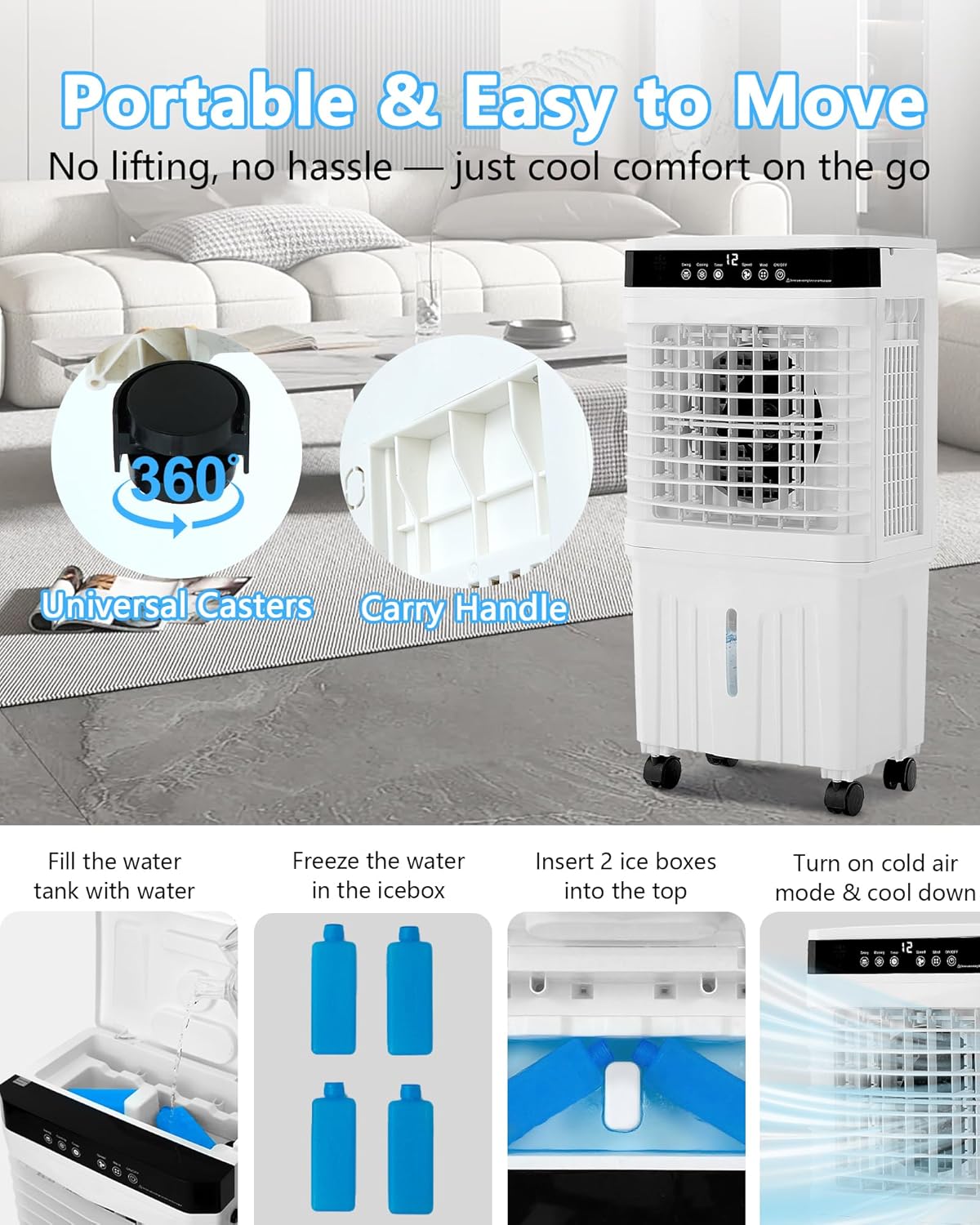 Portable Air Conditioner for Home Office Outdoor, Portable Evaporative Swamp Cooler with 3Gal Water Tank, 120°Oscillation Cooling Fan with Remote 2 Modes, 3 Speeds, 12H Timer & 4 Ice Packs