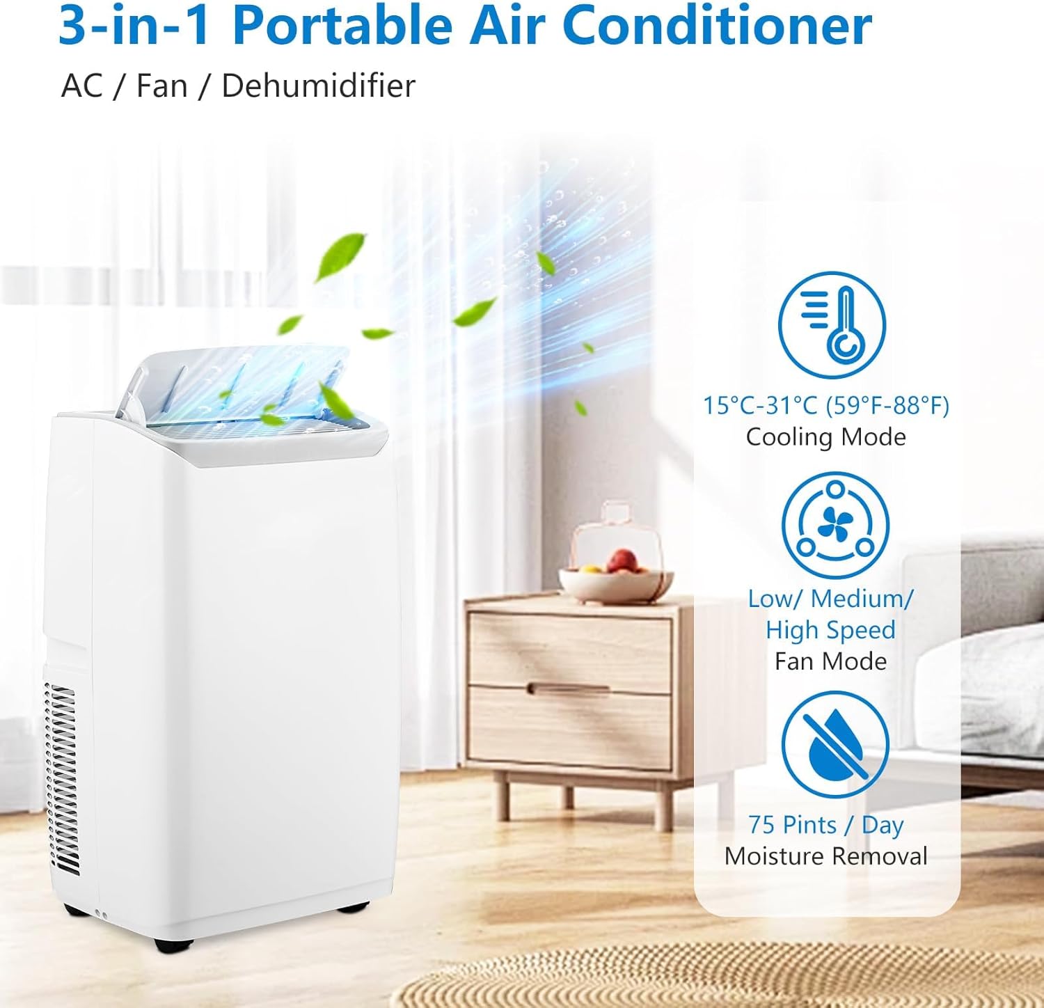 14,000 BTU Portable Air Conditioner for Room up to 700 Sq.Ft – 3-in-1 AC, Fan & Dehumidifier with Remote Control, Sleep Mode & Ultra-Quiet Operation for Home, Office, Bedroom
