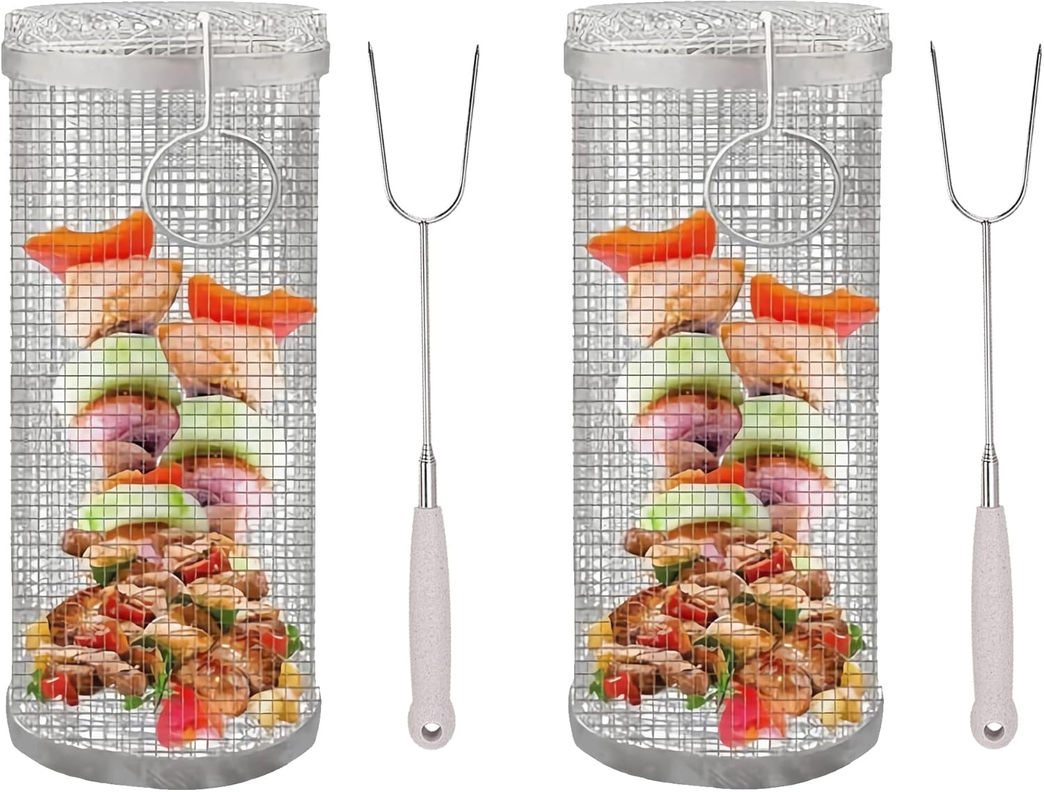 Round Grilling Cooking Accessories,Stainless Steel Wire Mesh Cylinder Grill Basket,Outdoor BBQ Grill Mesh Portable Outdoor Camping Barbecue Rack