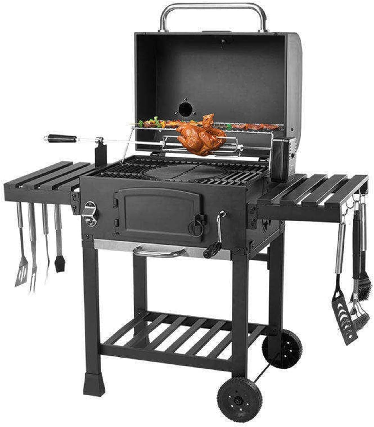 Portable Charcoal BBQ Grill with Wheels, 2 Folding Tables, Thermometer & Adjustable Charcoal Tray, Large Outdoor Smoker for Party, Picnic, Patio Cooking