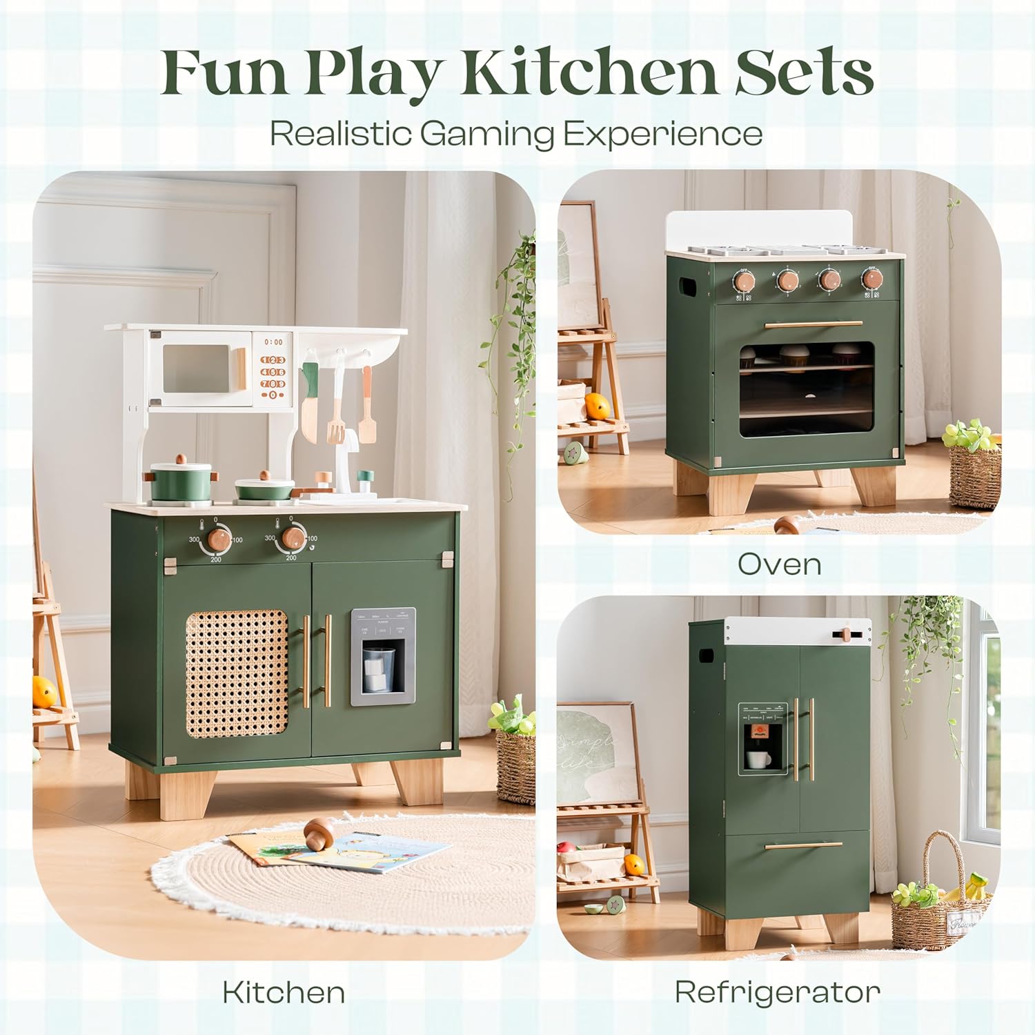 ROBOTIME Play Kitchen with Toy Fridge, Toy Oven, Wooden Kids Kitchen Play Set, Toy Kitchen Set for Kids Age 3 4 5 6 7 (Vintage Green)