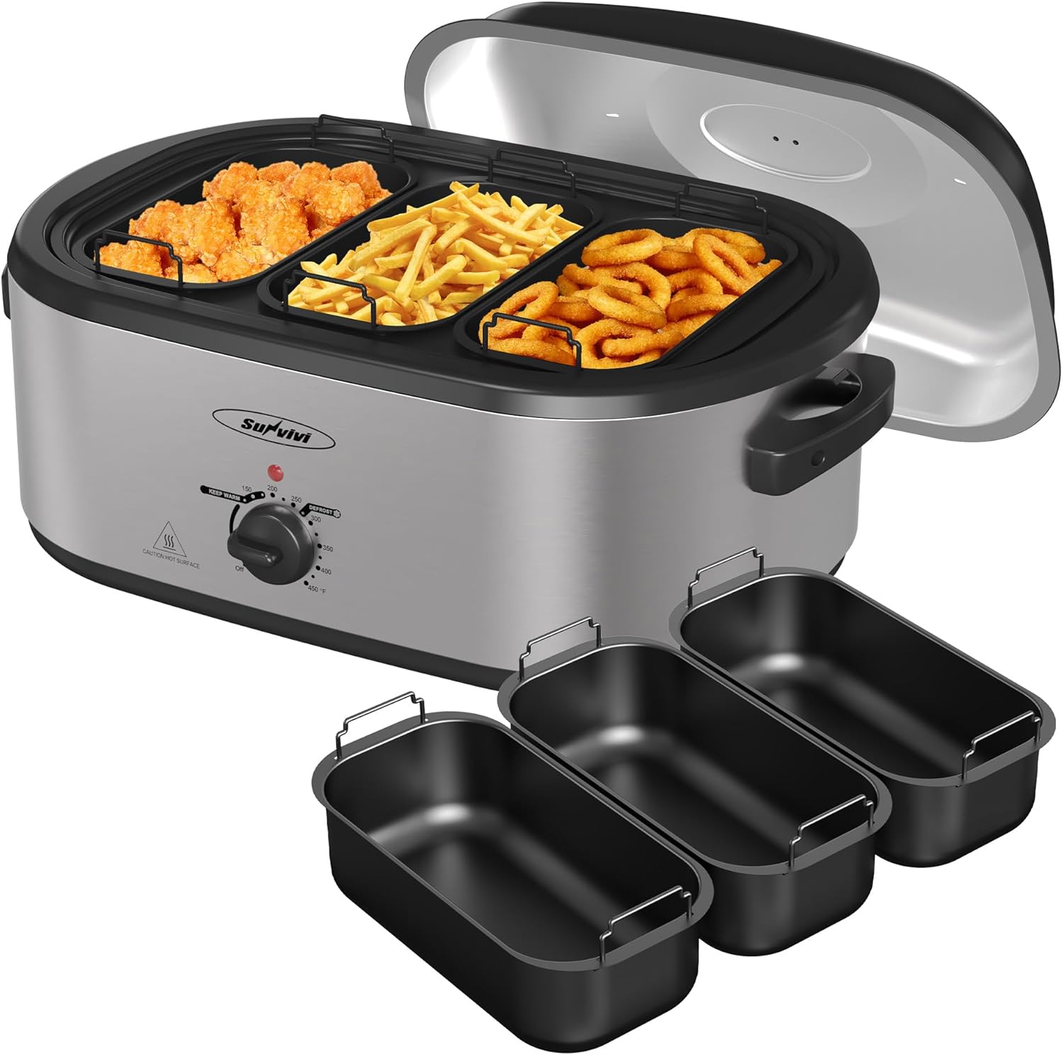 Sunvivi Electric Roaster Oven, Roaster with Removable 3-bin Buffet Server, 20 QT Turkey Roaster Oven with 150-450°F Full-Range Temperature Control, Removable Pan & Rack, Stainless Steel, Silver