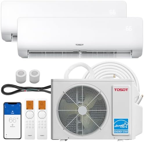TOSOT 18,000 BTU Dual 2 Zone Mini Split Air Conditioner with Heat Pump, 21 SEER2, 230V, Wifi-Enabled Ductless Inverter Split System with 16.4 ft Copper Line Set, 9,000 + 9,000 BTU, Cosmo Series