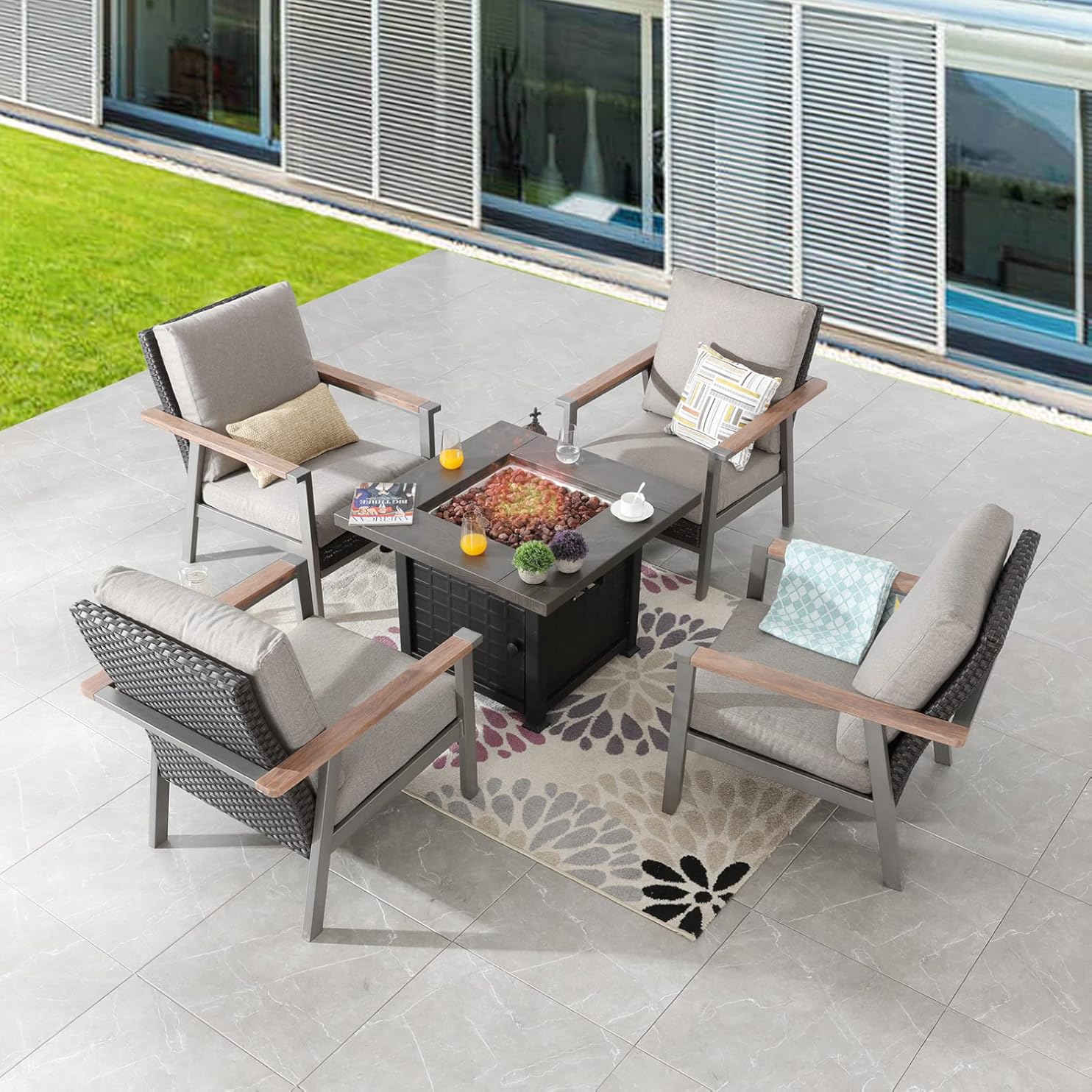 Fire Pit Table Set of Propane Fire Table and 4 Wicker Chairs with Thick Cushions and Rattan Back for Grey