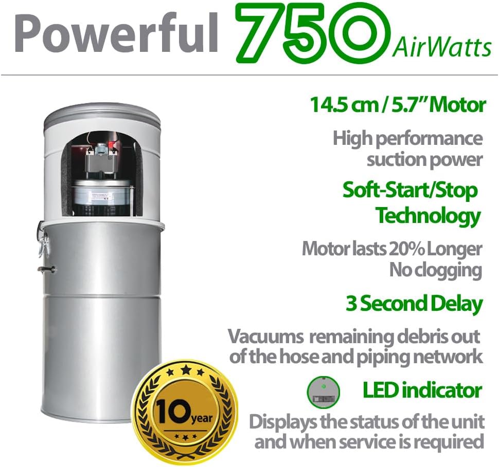 OVO Heavy Duty Powerful Central Vacuum System, Hybrid Filtration (with or Without Disposable Bags) 35L or 9.25Gal, 750 Airwatts with 40ft Carpet Deluxe Accessory kit Included