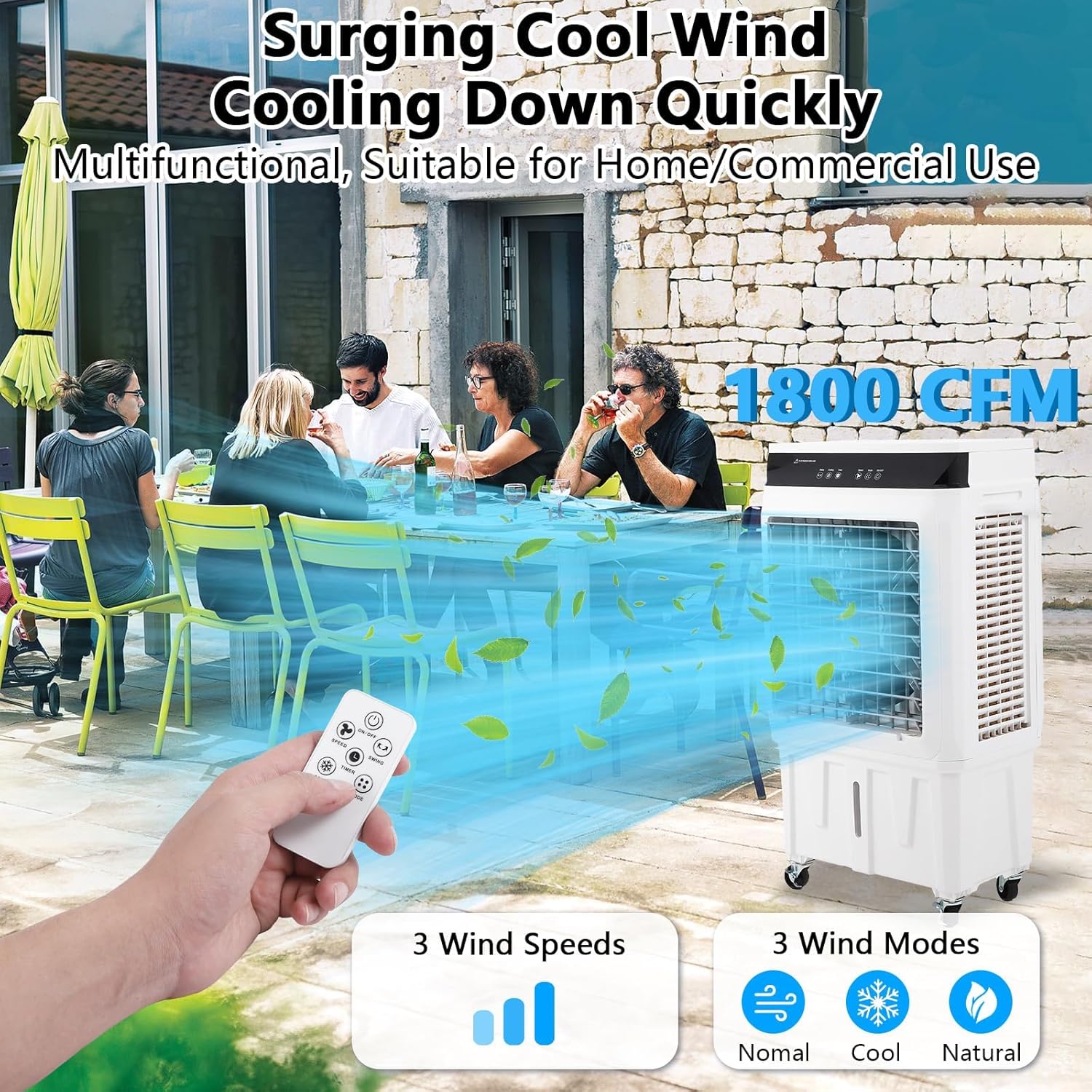 Evaporative Air Cooler, 3500CFM Portable Swamp Cooler with Remote Control & 12H Timer, 3 Cooling Modes & 3 Speeds, Includes 4 Ice Packs, 8.4 Gallon Water Tank, 4 Lockable Casters