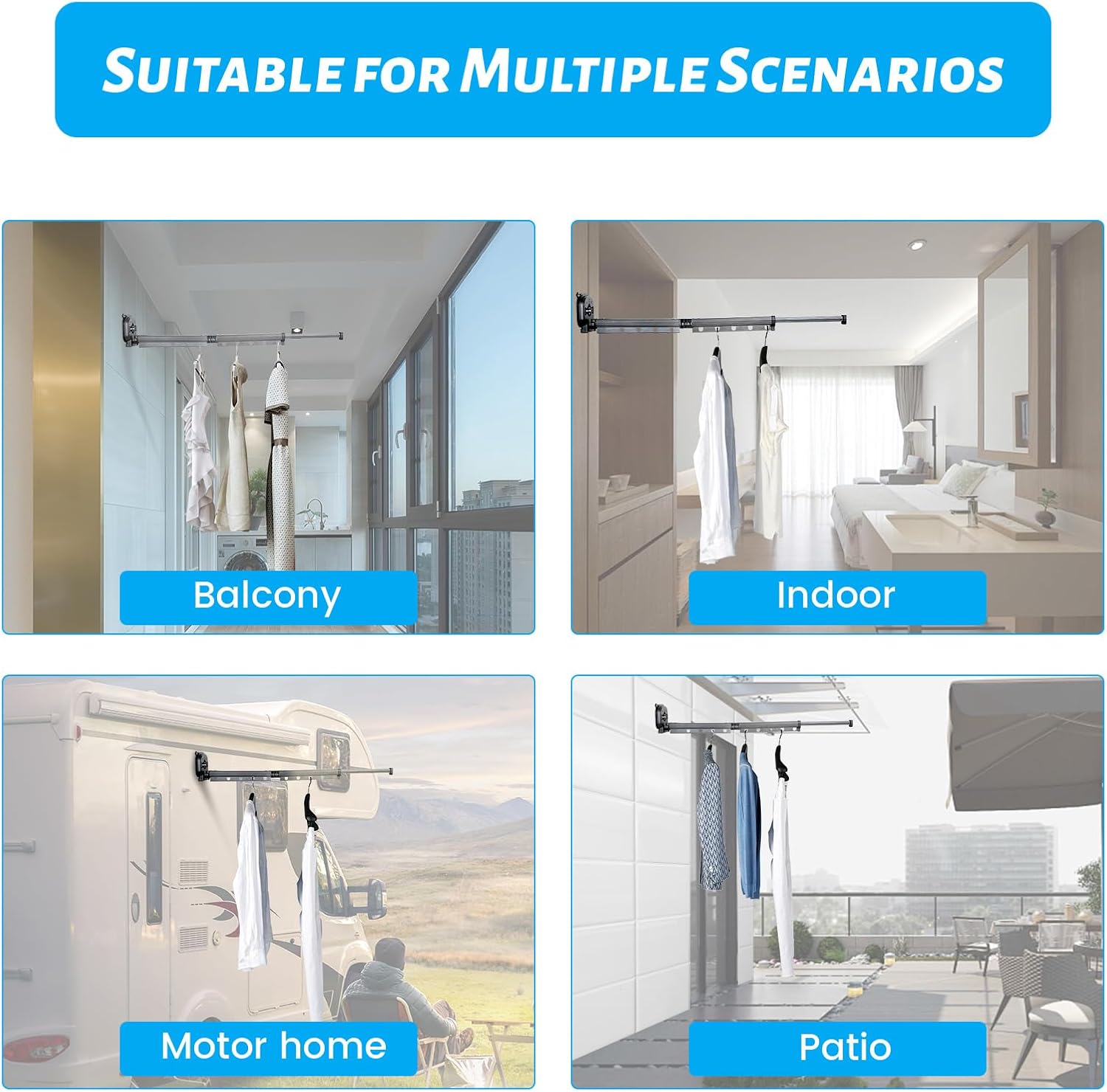 Suction Cup Drying Rack Wall Mounted, Foldable Clothes Hanger Wall Mount, Suction Cup Clothes Drying Rod, Laundry Rack Wall Mounted with 10 Hooks, Laundry Hanger Dryer Rack (2 Folds), Black