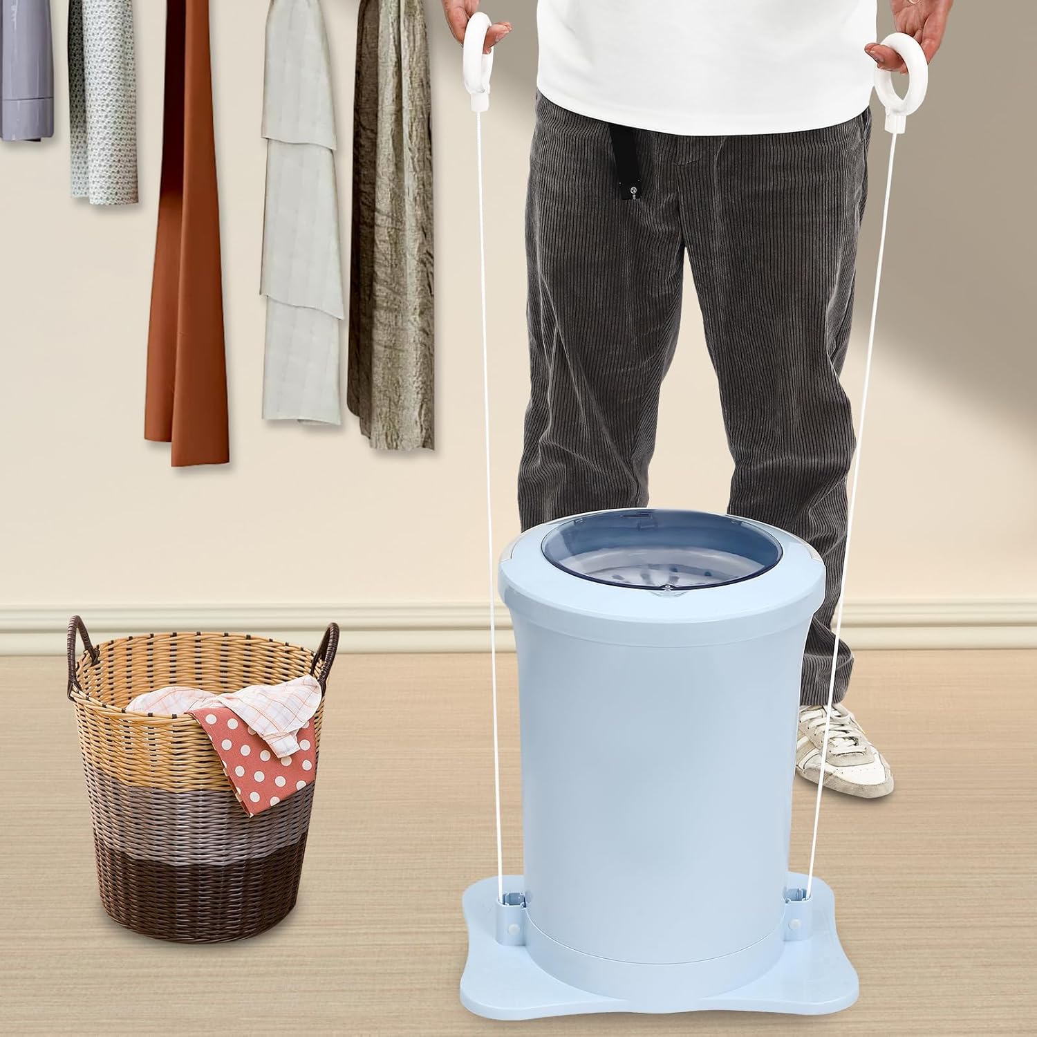 Manual Clothes Dehydrator 12L/3.17Gal Portable Mini Dryer Compact Spinner, Non-Electric Laundry Washing Machine with Drain Hole & Wide Pedal for Camping Traveling School Hotel (Blue)