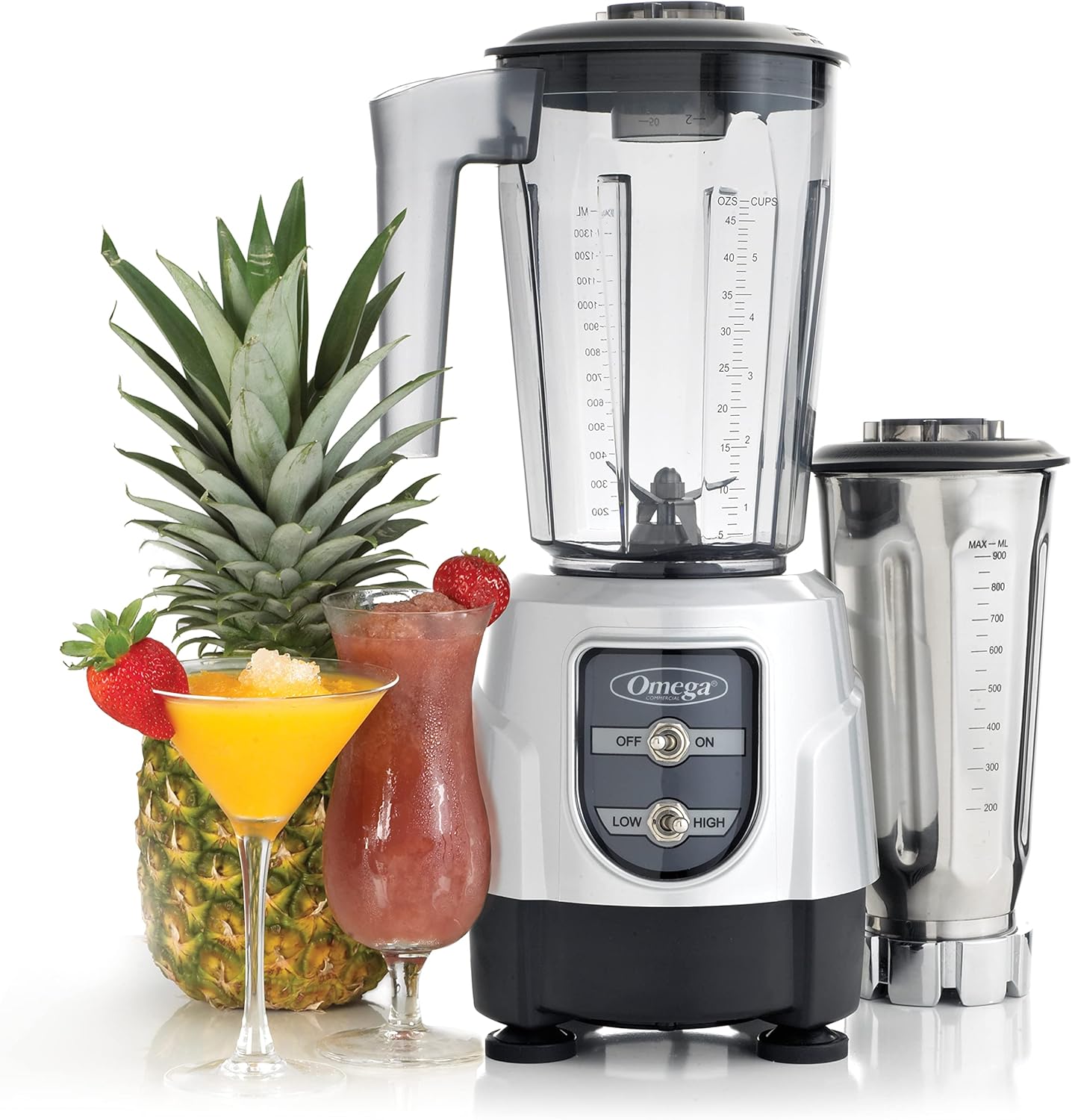 Omega BL390S Blender 1-HP Motor with Tritan Copolyester and Stainless Steel Container Combo Pack, 48-Ounce, Silver