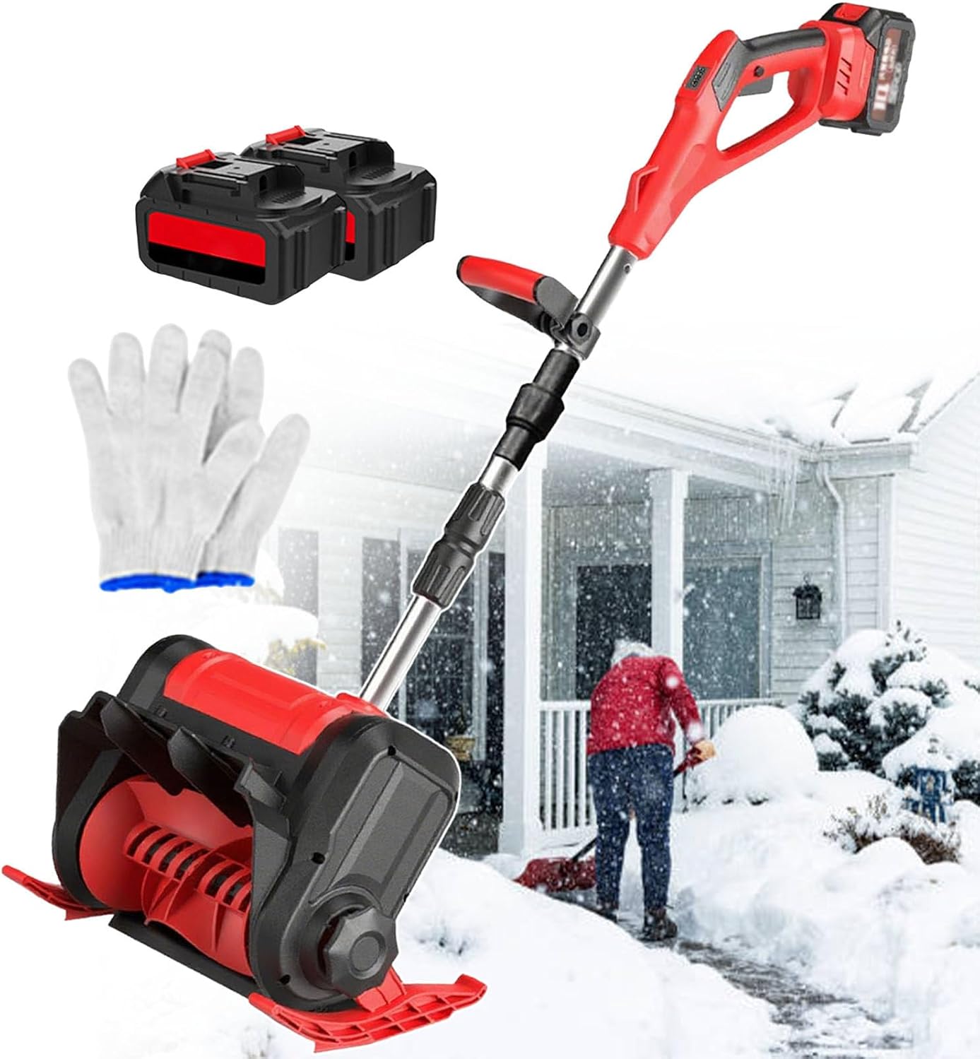 Cordless Snow Shovel,21V Battery Powered Electric Cordless Snow Blower,45° Adjustable Direction,30 cm Clearing Width,Foldable Snow Thrower for Patios,Walkways,Playground Red-2batteries