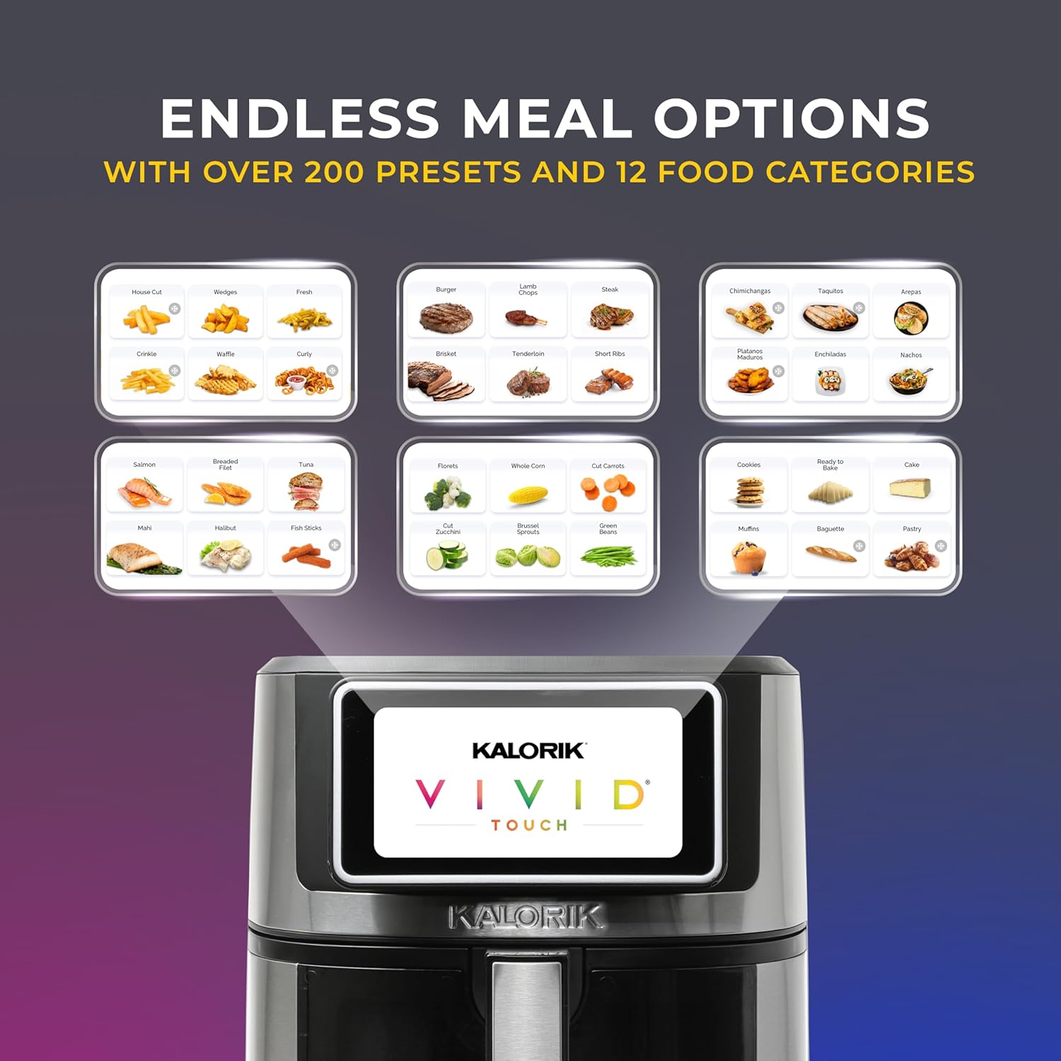 Kalorik Air Fryer VIVID TOUCH Series 5 Quart Capacity with High-Resolution Touchscreen 202 Cooking Presets in 12 Food Categories with View Window, 1500-Watts, Stainless Steel