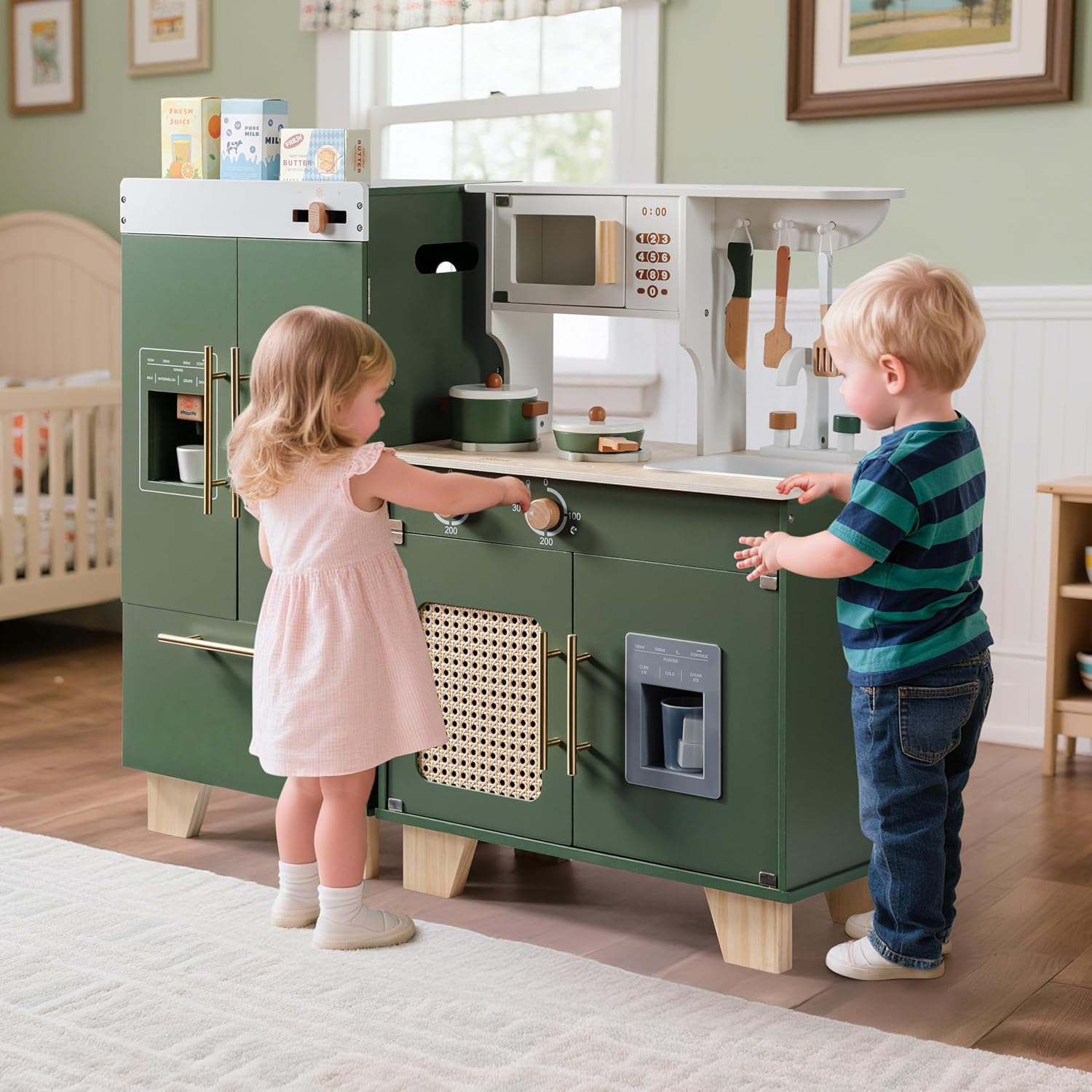 ROBOTIME Play Kitchen with Toy Fridge, Toy Oven, Wooden Kids Kitchen Play Set, Toy Kitchen Set for Kids Age 3 4 5 6 7 (Vintage Green)