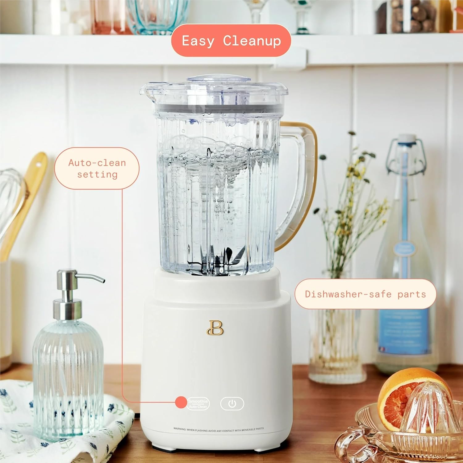 Beautiful PowerExact Blender System with 700W Motor, 50oz Tritan Jar, 20oz Single-Serve Cup, No Drippy Sippy™ Lid, 3 Speeds & 4 Pre-sets by Drew Barrymore (White Icing)