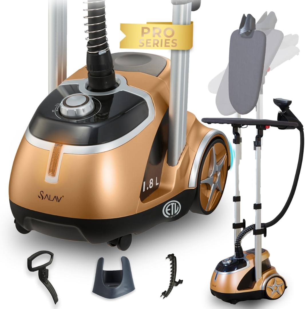 SALAV® Professional Garment Steamer with Built-in Ironing Board, 1500W Continuous Steam, 4 Steam Settings, Chrome Finish, Stainless Steel Steam Plate, Removable 1.8L Tank, Wheels for Easy Movement