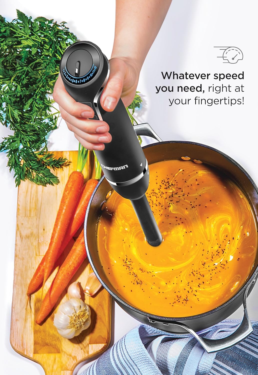 Chefman Immersion Blender 300-Watt Turbo 12 Speed Stick Hand Blender, Powerful Ice Crushing Design Purees Smoothies, Sauces & Soups, Detachable Heat Resistant Plastic Blade Guard Protects Pots, Black