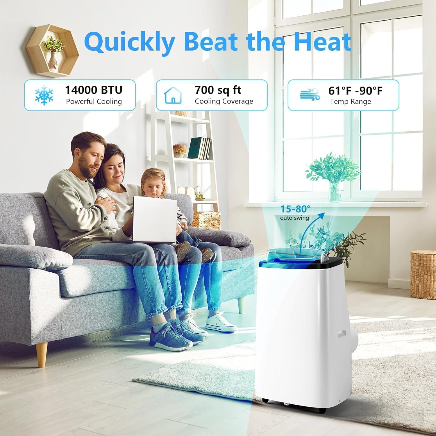 14,000 BTU Portable Air Conditioner，3-In-1 Free Portable AC Unit With Fan & Dehumidifier Cools Up to 700 Sq.Ft,Smart/Sleep Mode,3 Speed,24H Timer for Bedroom, Room, Office,Black & White
