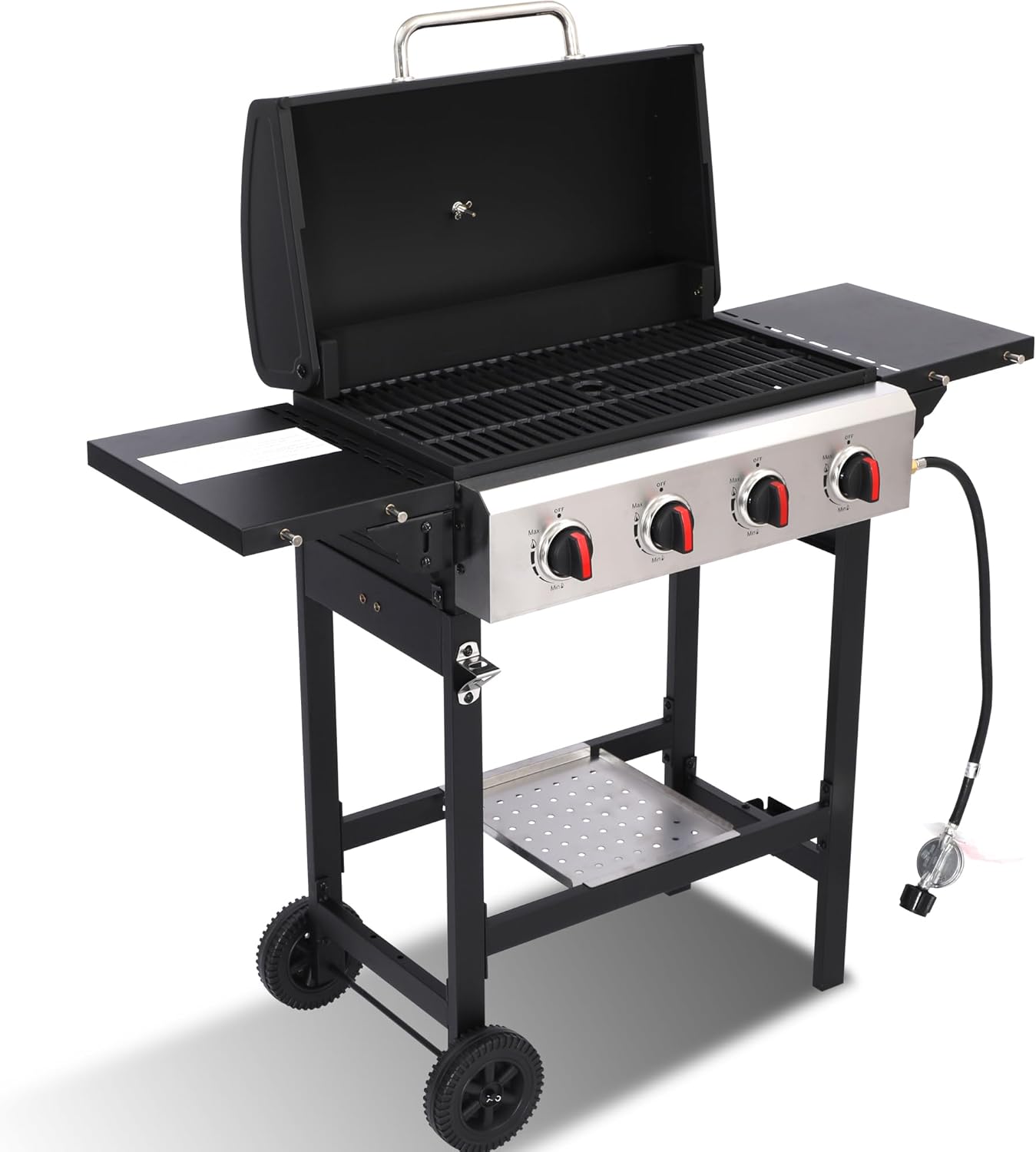 4-Burner Propane Grill with Cast Iron Grate, 40,000 BTU Output & 302 Sq. Inch Cooking Space, Easy-Clean System & Foldable Side Tables for Outdoor BBQ