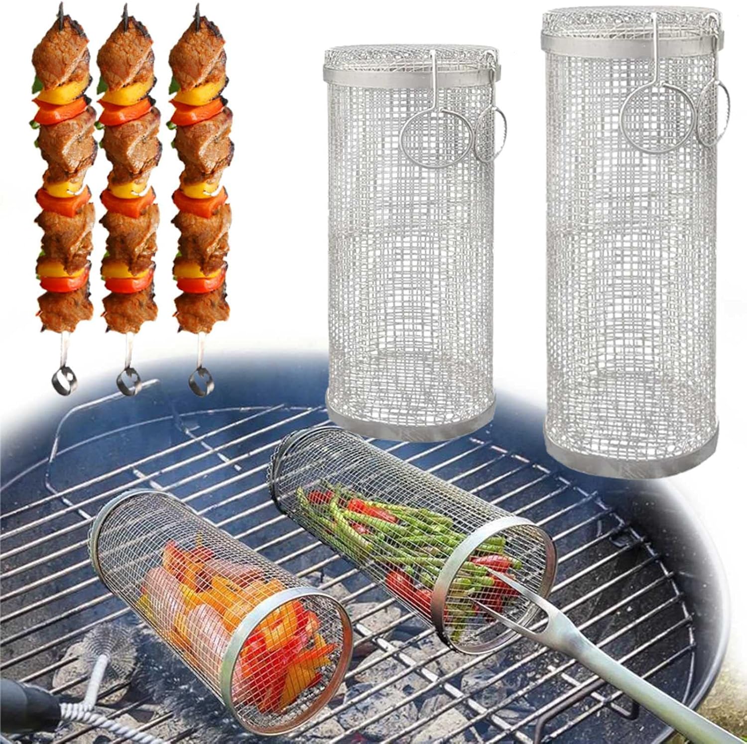Rolling Grill Basket, Stainless Steel Mesh Cylinder Grill Basket, for Vegetables, Shrimp, Fish, Grilling Accessory
