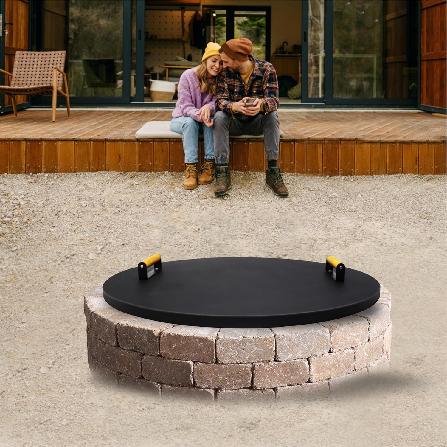 31” Round Fire Pit Lid – Heat Resistant Fire Pit Cover Lid Round for Outdoor Fireplace -16 Gauge Steel Flat Fire Pit Burner Pan Cover with Dual Wooden Handles Snuffer Lid for Patio FirePit Ring