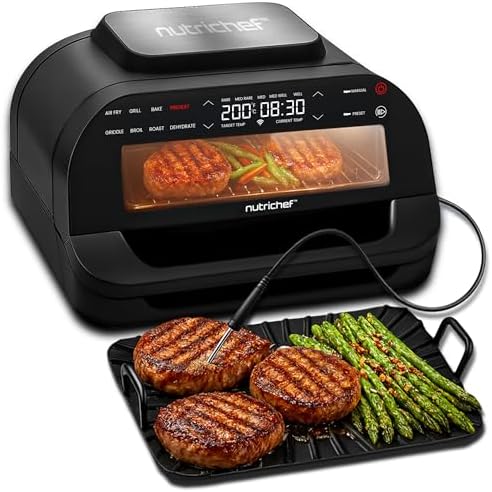 NutriChef Indoor Smokeless Grill | Smart Grill & Air Fryer with 7 Cooking Functions | 6L Capacity | Includes Smart Thermometer | Precise Temperature Control | Non-Stick Removable Grill Plates