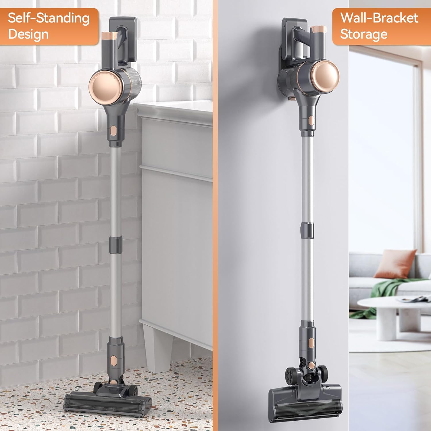 N8 Cordless Vacuum Cleaner, Lightweight Stick Vacuum with Powerful Suction, 2200mAh Battery, 40 Mins Runtime, Self-Standing, Rechargeable Vacuum Cleaners for Home Hardwood Floor Carpet Pet Hair (Gold)